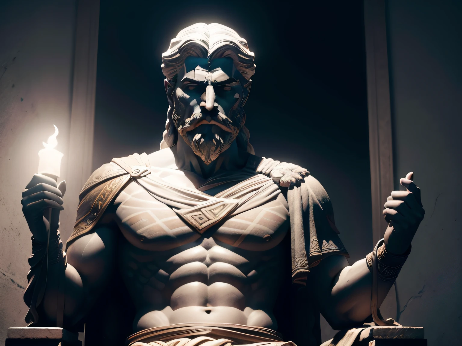 Generate a cinematic 8K representation of an ancient Greek philosopher from around 250 BC, sculpted as a statue and placed within a scene inspired by the visual style of 'God of War'. Surround the statue with an aura of enigmatic darkness, punctuated by powerful lighting and shadows that invoke an epic and adventurous atmosphere.