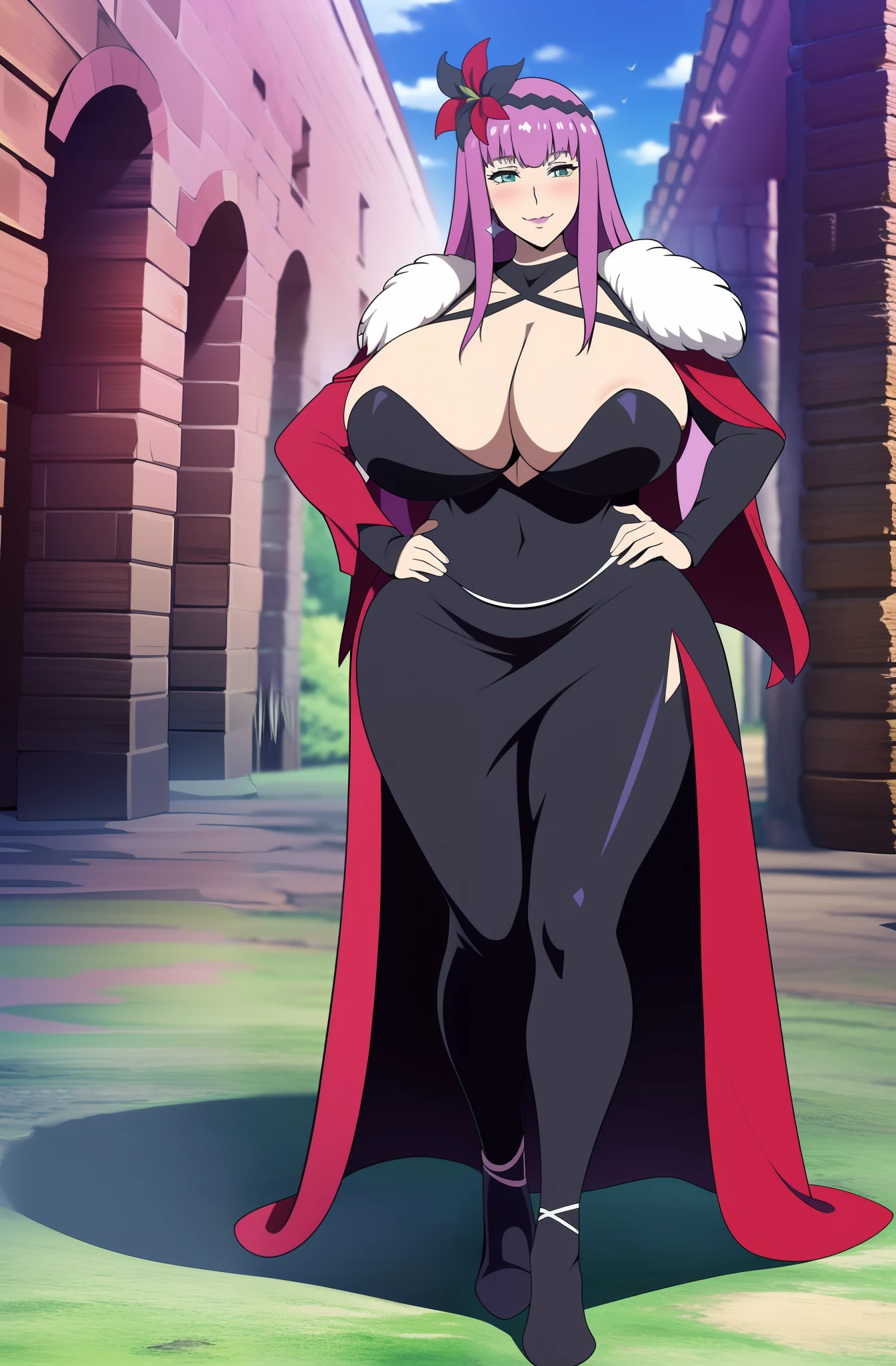 Lady J ,Valkyrie Drive: Mermaid,full body, long dress, long skir,*, fantasy, wizargirl,spellcasthing, stylised robe, huge breast, curvy, mature, walking, holy staff holding, smile, blush, blushy, fur coat, pants, pullover, medieva village europe, medieval architecture, naval covred, hivernal village