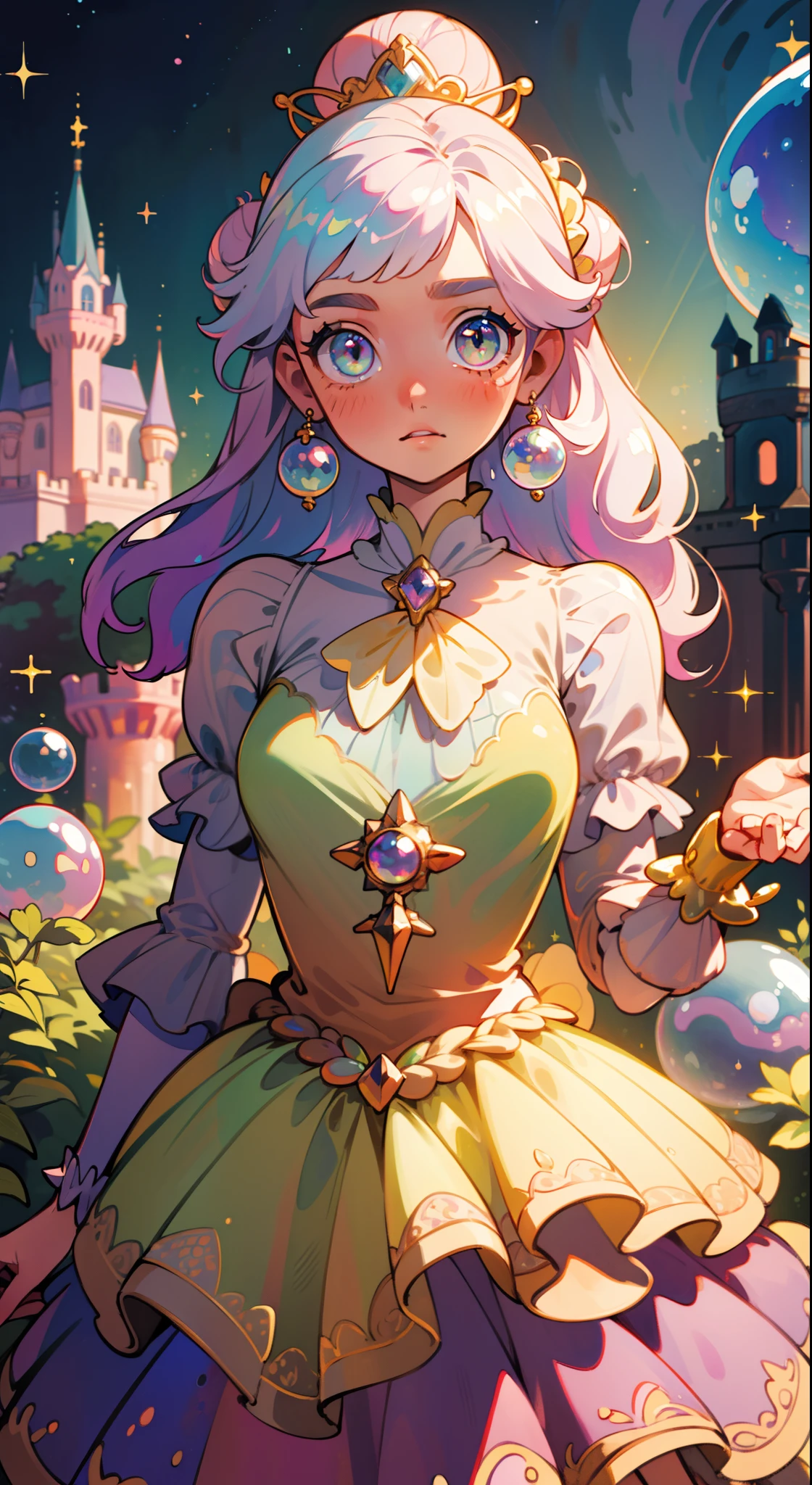 masterpiece, best quality, 8k resolution, sharp focus, intricate detail, beautiful girl, sparkling eyes, golden ratio face, otherworldly liquid, watercolor, pastel colors, bright colors, whimsical, colorful, sharp focus, high resolution, fine detail, princess layered ballgown, ((round eyes)), iridescent bubbles, castle landscape in background