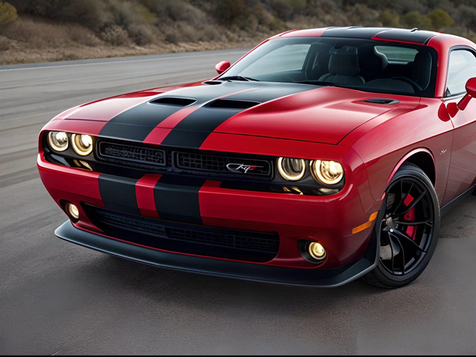 Dodge Challenger SRT colour red with two black stripes