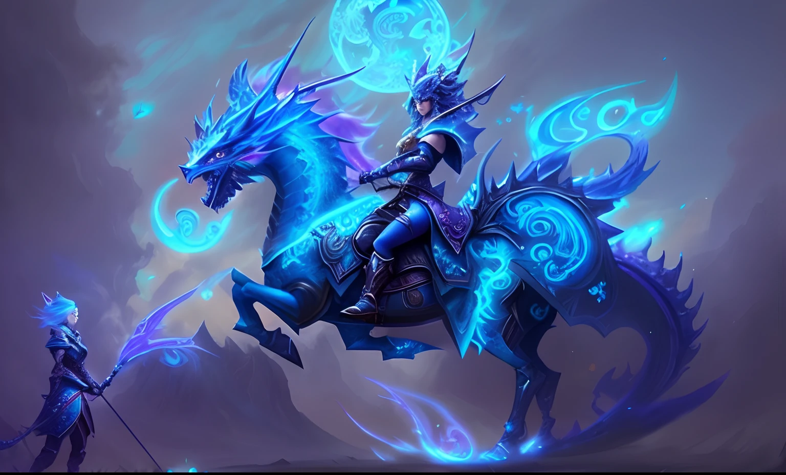 A woman riding a horse with a dragon on it...., epic fantasy art style hd, epic fantasy digital art style, epic fantasy art style, detailed fantasy art, detailed digital 2d fantasy art, detailed fantasy digital art, dragon inspired blue armor, cyan chinese dragon fantasy, beautiful celestial mage, High-quality fantasy art, Hearthstone Fantasy Art Style, fantasy art style