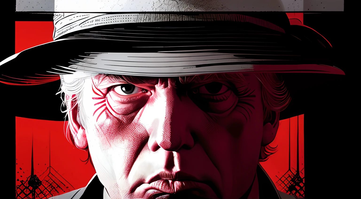A closeup of a man wearing a hat and a suit, Retrato de Trump, Retrato de Donald Trump, Martin then, Martin Ansin, Retrato da obra, MAD magazine illustration, donald trump as baron harkonnen, Pintura de Donald Trump, Retrato de Donald Trump, illustration of boris johnson, Donald Trump Ciborgue, Tio Sam, O rosto de Donald Trump