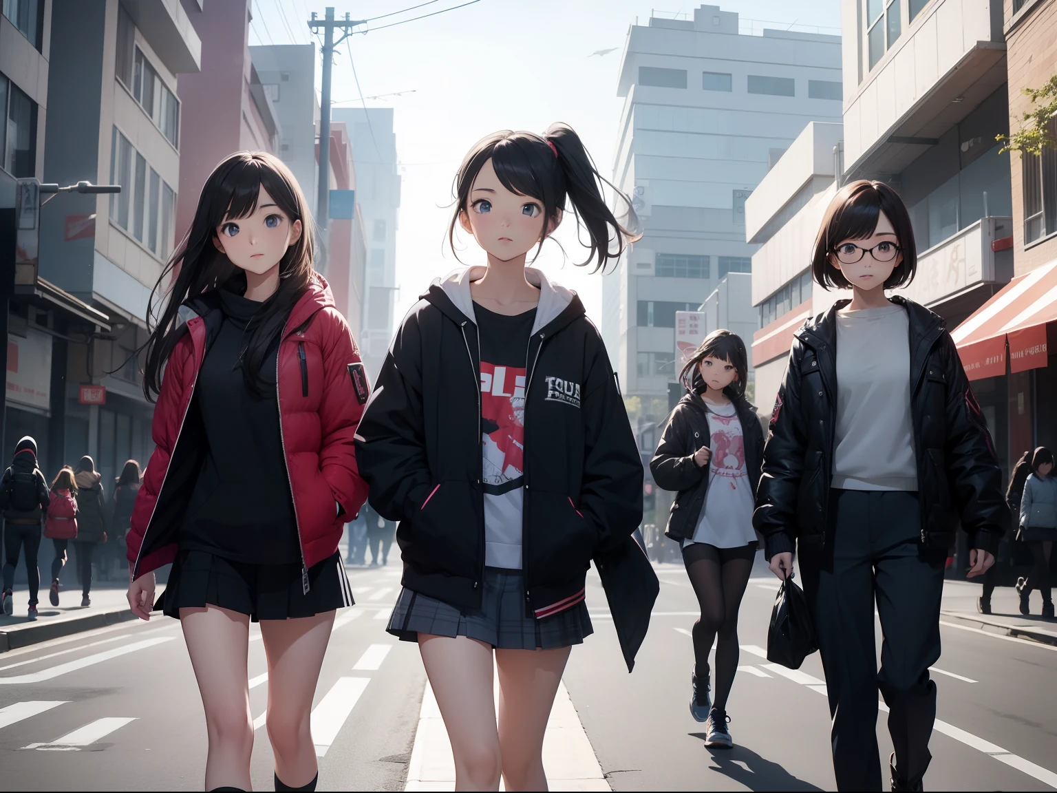 5People Girls、a 18 year old girl、Walking,Dynamic composition