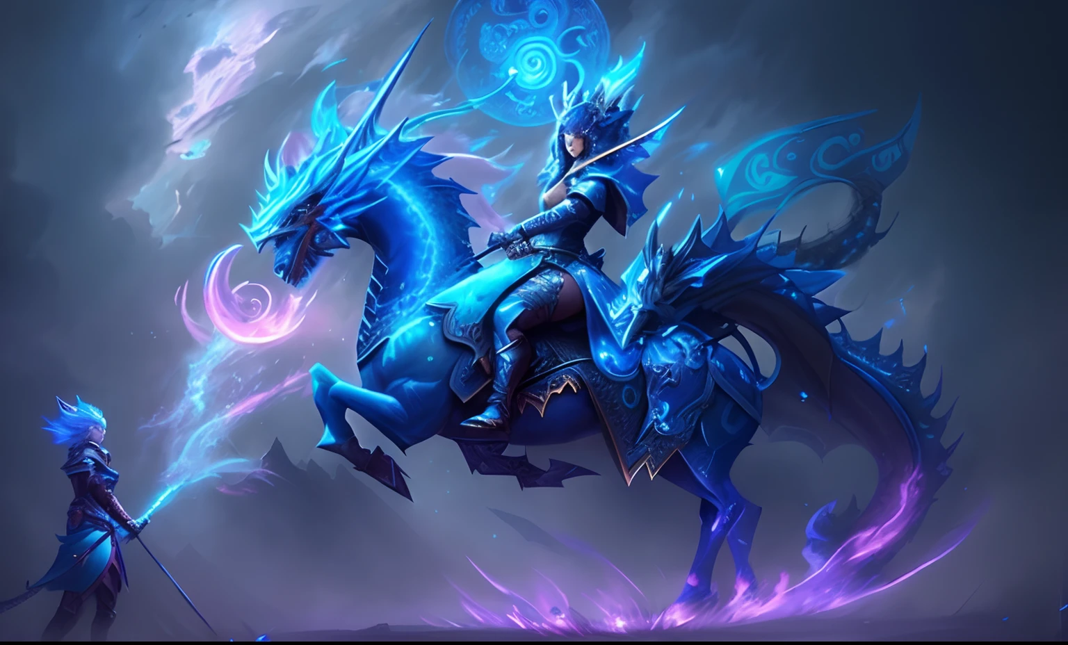 A woman riding a horse with a dragon on it...., epic fantasy art style hd, epic fantasy digital art style, epic fantasy art style, detailed fantasy art, detailed digital 2d fantasy art, detailed fantasy digital art, dragon inspired blue armor, cyan chinese dragon fantasy, beautiful celestial mage, High-quality fantasy art, Hearthstone Fantasy Art Style, fantasy art style