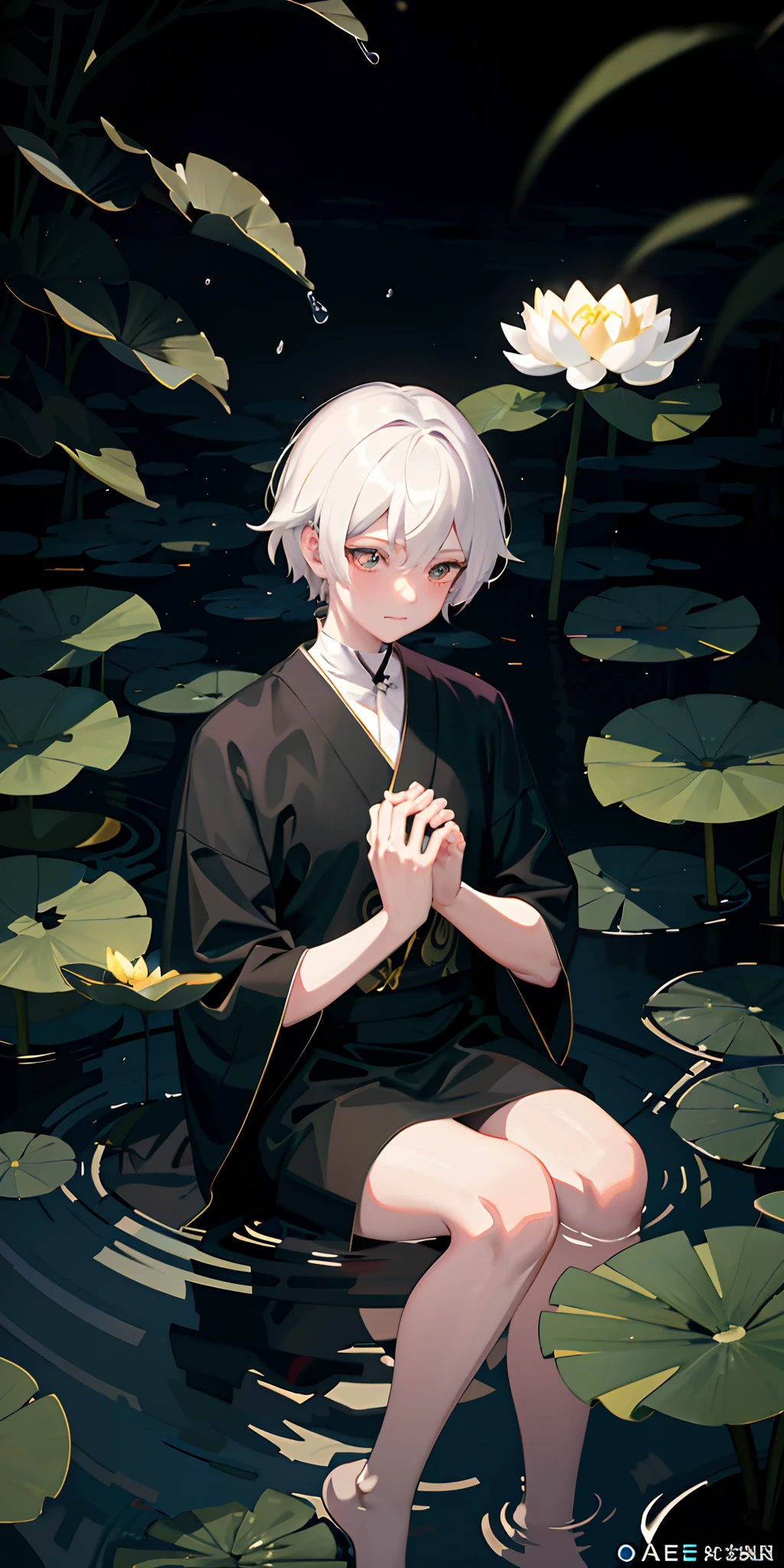 Anime characters sit on the shore,holding the lotus in her hands, anime lush john 8k woods, Best anime 4k konachan wallpaper, in a pond, white-haired god, Guweiz in Pixiv ArtStation, young anime man, zerochan art, Guviz-style artwork, Guweiz on ArtStation Pixiv