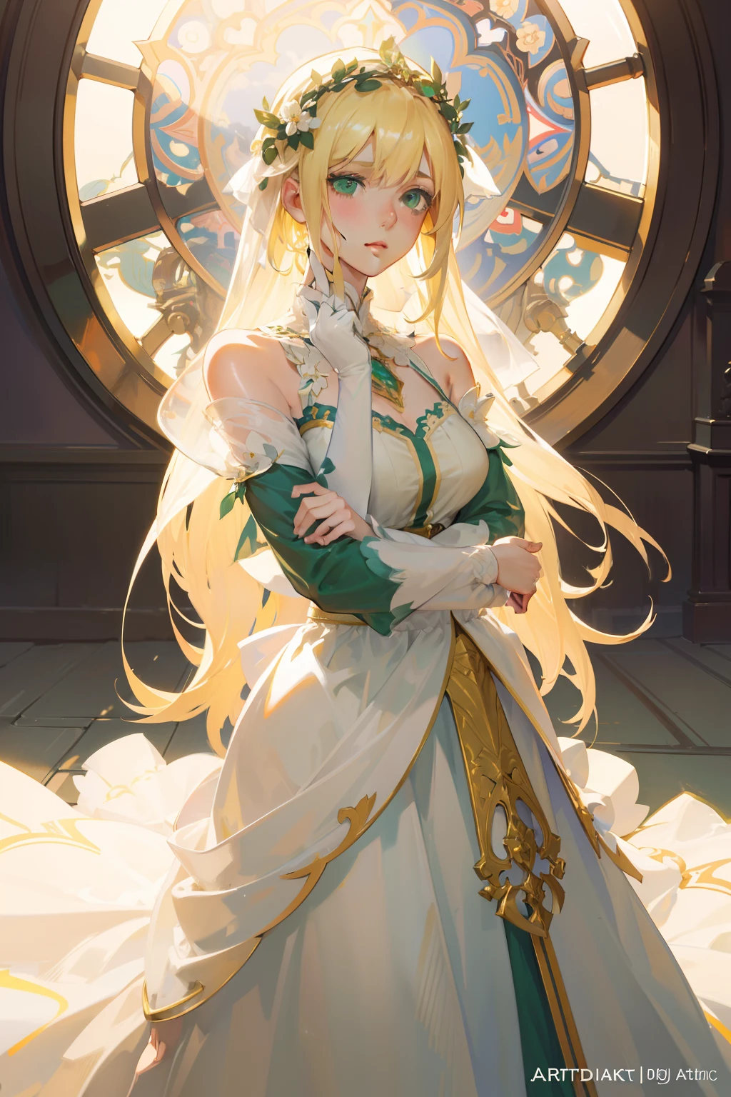 1girl, ((blond hair)), long hair, détailled eyes (((green eyes))), flower crown, freckle, (emerald pendant), white dress, overwatch, digital painting, cold colors palette, full color, highly detailed eyes, anime eyes, pretty face, blizzard, illustration, sharp focus, dramatic lighting, smooth, trending on artstation, cinematic, 8k, concept art, raytracing, elegant, reflections, art style from artgerm and wlop and alphonse mucha and greg rutkowski, background is a fantasy medieval city white.