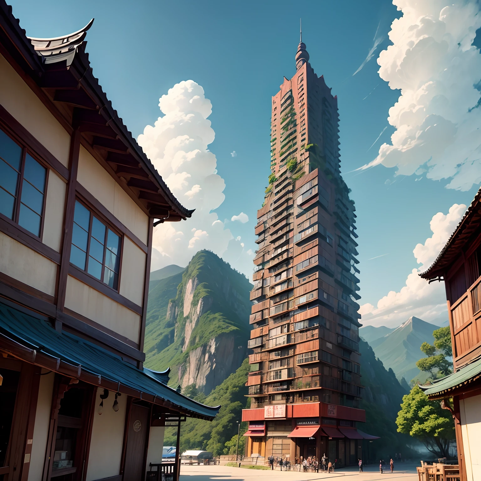 Ancient wind，Quaint，Chinese，Restaurant hostel，towering，The exterior of the entire building，wood，high rise，Located at the foot of the mountain，Individual building，with blue sky and white clouds，Spirited Away