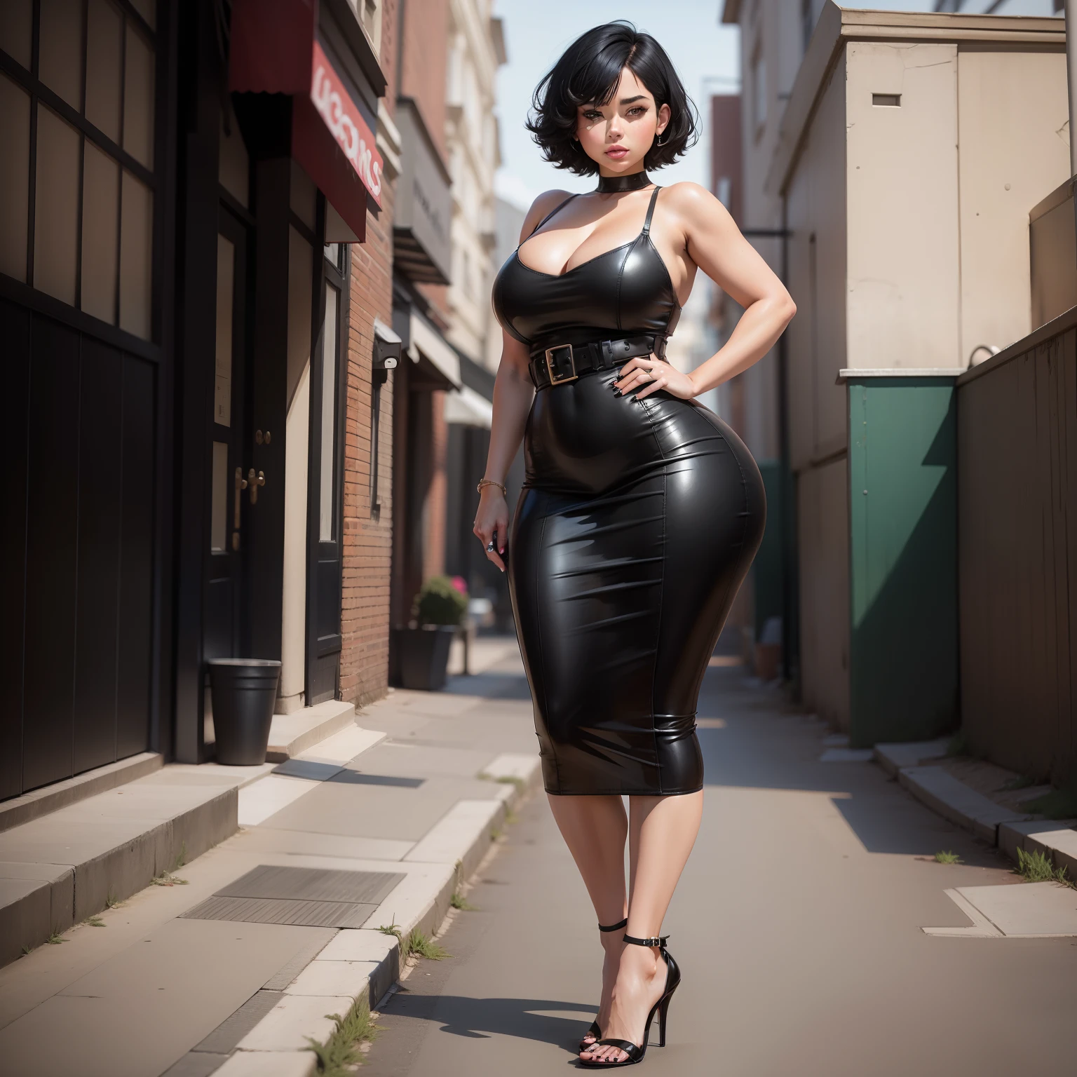 Short hair,black hair,high heels,thicc