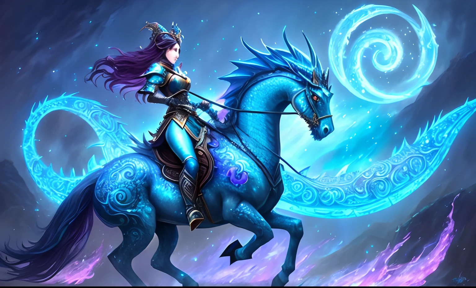 A woman riding a horse with a dragon on it..., epic fantasy art style hd, epic fantasy digital art style, epic fantasy art style, detailed fantasy art, detailed digital 2d fantasy art, detailed fantasy digital art, dragon inspired blue armor, cyan chinese dragon fantasy, beautiful celestial mage, High-quality fantasy art, Hearthstone Fantasy Art Style, fantasy art style