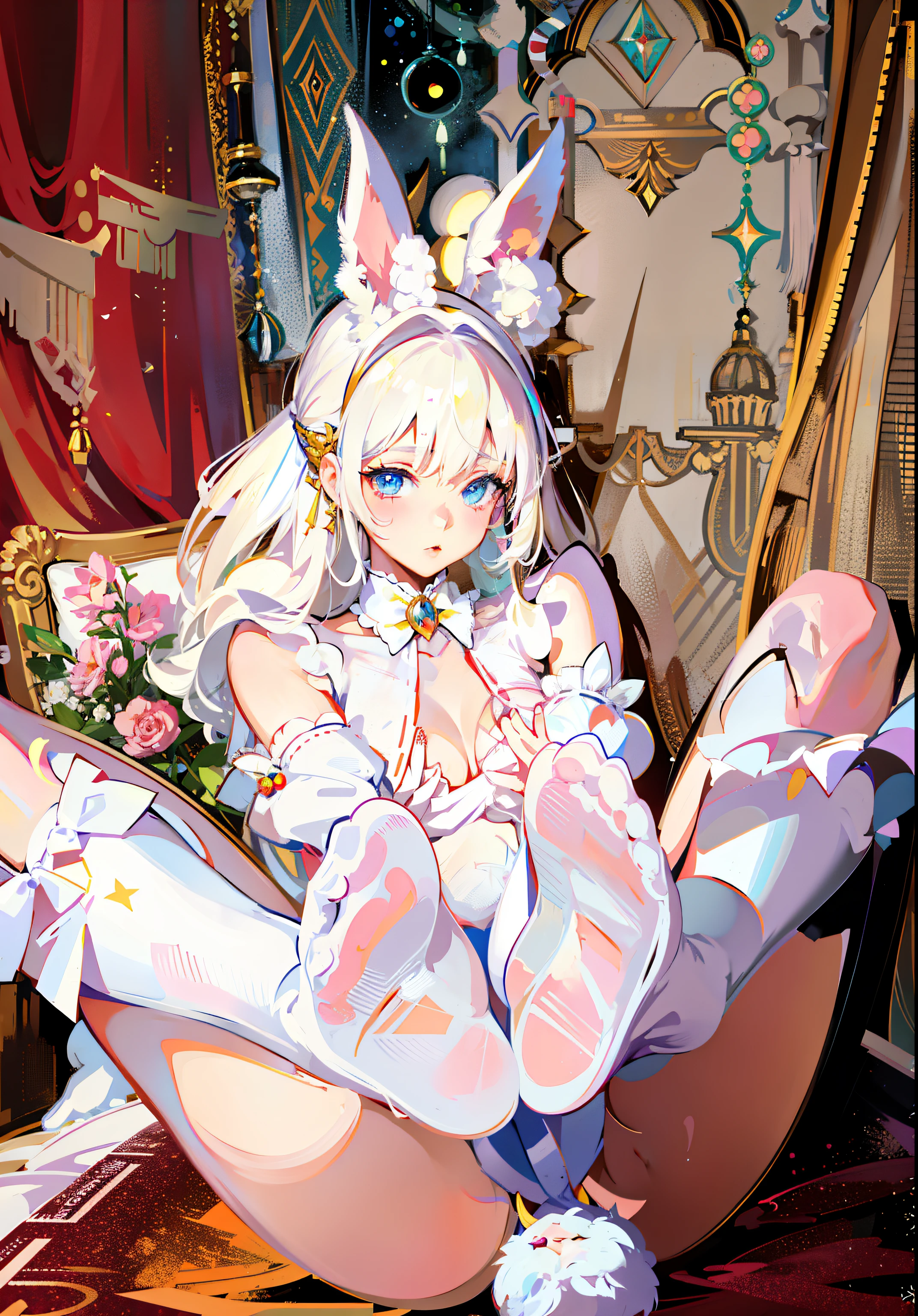 On the bed sat a woman in a rabbit costume, ultrarealistic sweet bunny girl,, anime barbie doll,white stockings, Anime girl cosplay, Bunny Girl, elegant glamourous cosplay, Anime cosplay, white stockings, white stockings, White Bunny Girl, cosplay,Bigboobs,Hands touching private parts,The butt has a rabbit tail,White rabbit tail,Spherical tail
