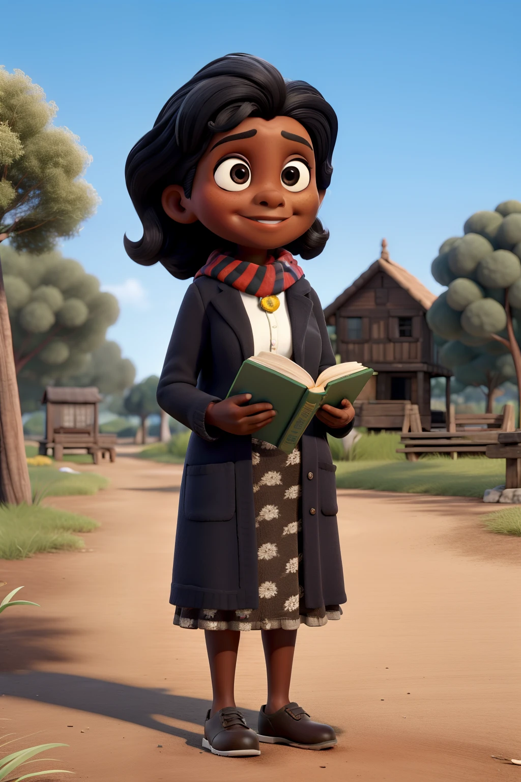 close-up de uma negra:2 em...........3d, coffee-colored skin:2, with a book in your hands, Chibi Digita | | | ,obra-prima, de melhor qualidade, an old woman in a handkerchief, wearing a black coat and white scarf, cabelos cacheados, cachos, Standing in the park, segurando um livro e apontando para ele