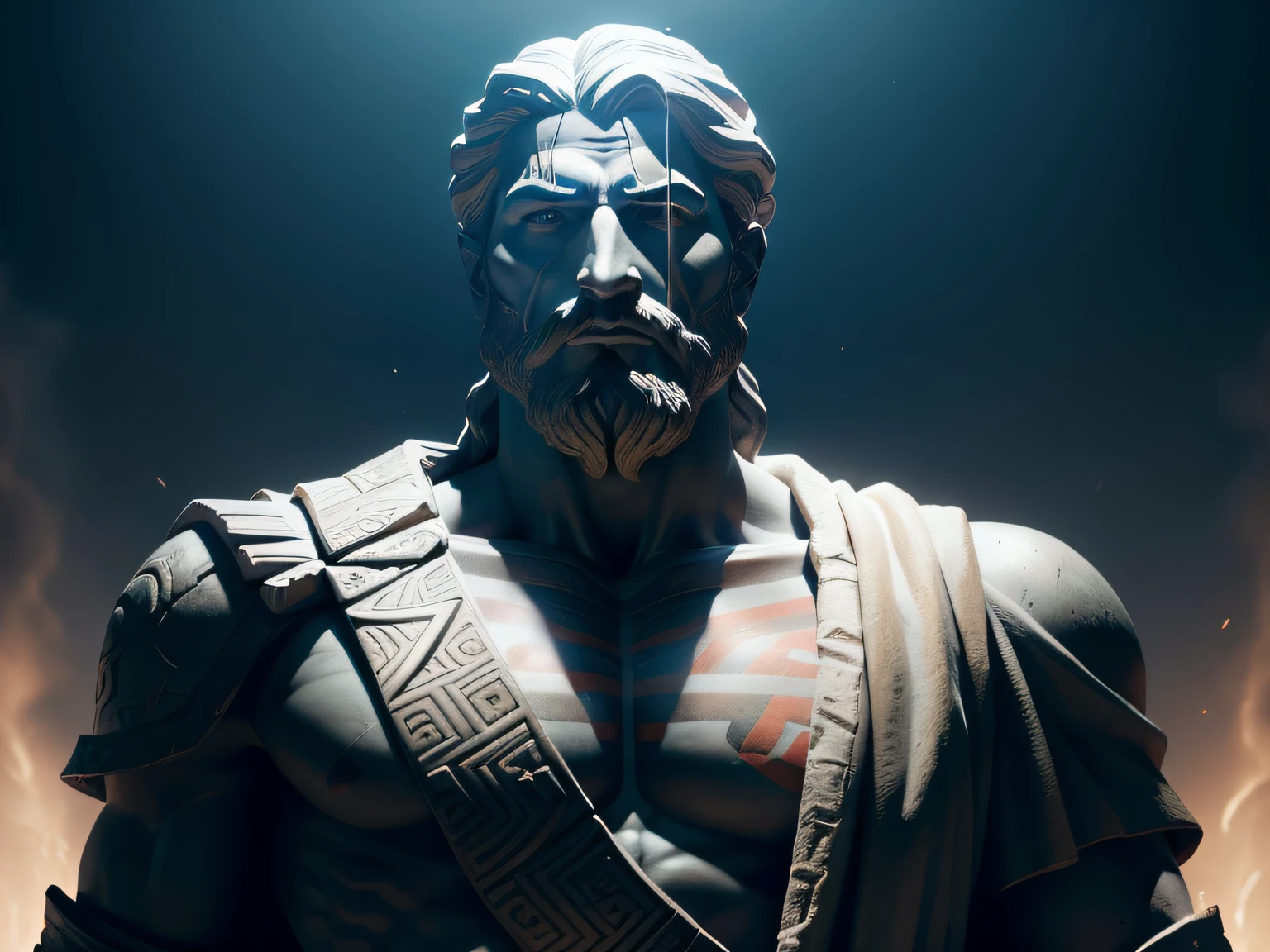 Generate a cinematic 8K representation of an ancient Greek philosopher from around 250 BC, sculpted as a statue and placed within a scene inspired by the visual style of 'God of War'. Surround the statue with an aura of enigmatic darkness, punctuated by powerful lighting and shadows that invoke an epic and adventurous atmosphere.