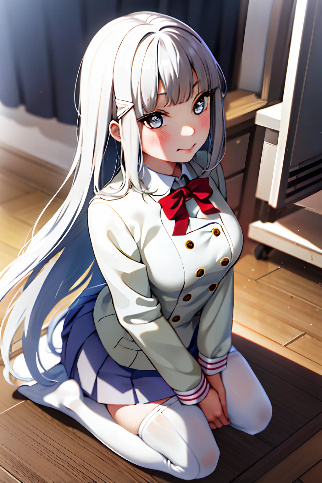 tmasterpiece， Best quality at best， 1girll， long whitr hair， mediuml breasts， Sakuraoka school uniform， Suit school uniform， tiese， pleatedskirt， White Serafou， Gray skirt，red color eyes， hair adornments， parted lip， Blushlush， ‎Classroom，