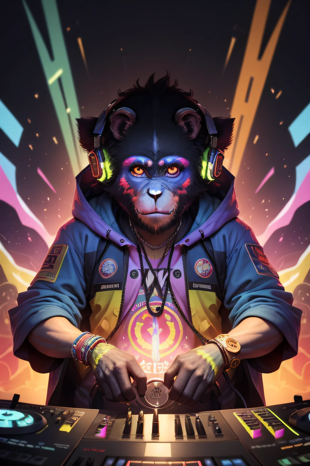 Explore the unique energy and laid-back attitude of a primate DJ in this detailed and vibrant image. With its lush coat adorned by vibrant colors and psychedelic patterns, This primate radiates freedom of expression and a deep search for connection with nature. His bright, focused eyes reveal a passion for music and the art of entertaining. The rays of multicolored lights emanating from your mixing equipment create a magical and enveloping aura around you. Sinta-se inspirado(a) to capture the essence of this psychedelic portrait, conveying a message of unity and harmony through its visual interpretation, as you let yourself be carried away by the contagious energy of this primate DJ and his relentless search for connection with music and nature.