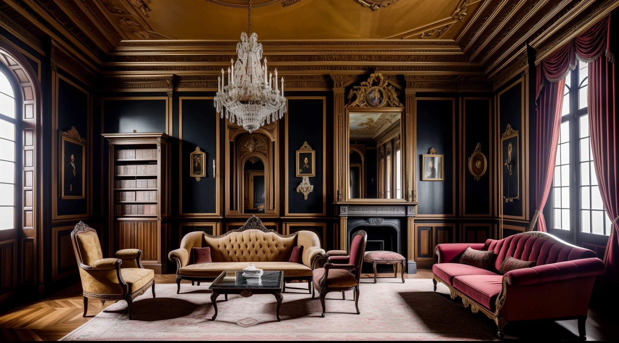 there is a drawing room , neo-rococo expressionist style, the style of rococo, rococo and baroque styles, inspired by Charles-André van Loo, inspired by Charles Le Brun, baroque environment, baroque style painting backdrop, great masterpiece, baroque interior, marble room, filled with renaissance paintings and vintage victorian era furniture and interior design, no sunlight, packed room with not empty space, aesthetic gothic style, and a library cupboard on the wall with books and lamps and sofas and food
