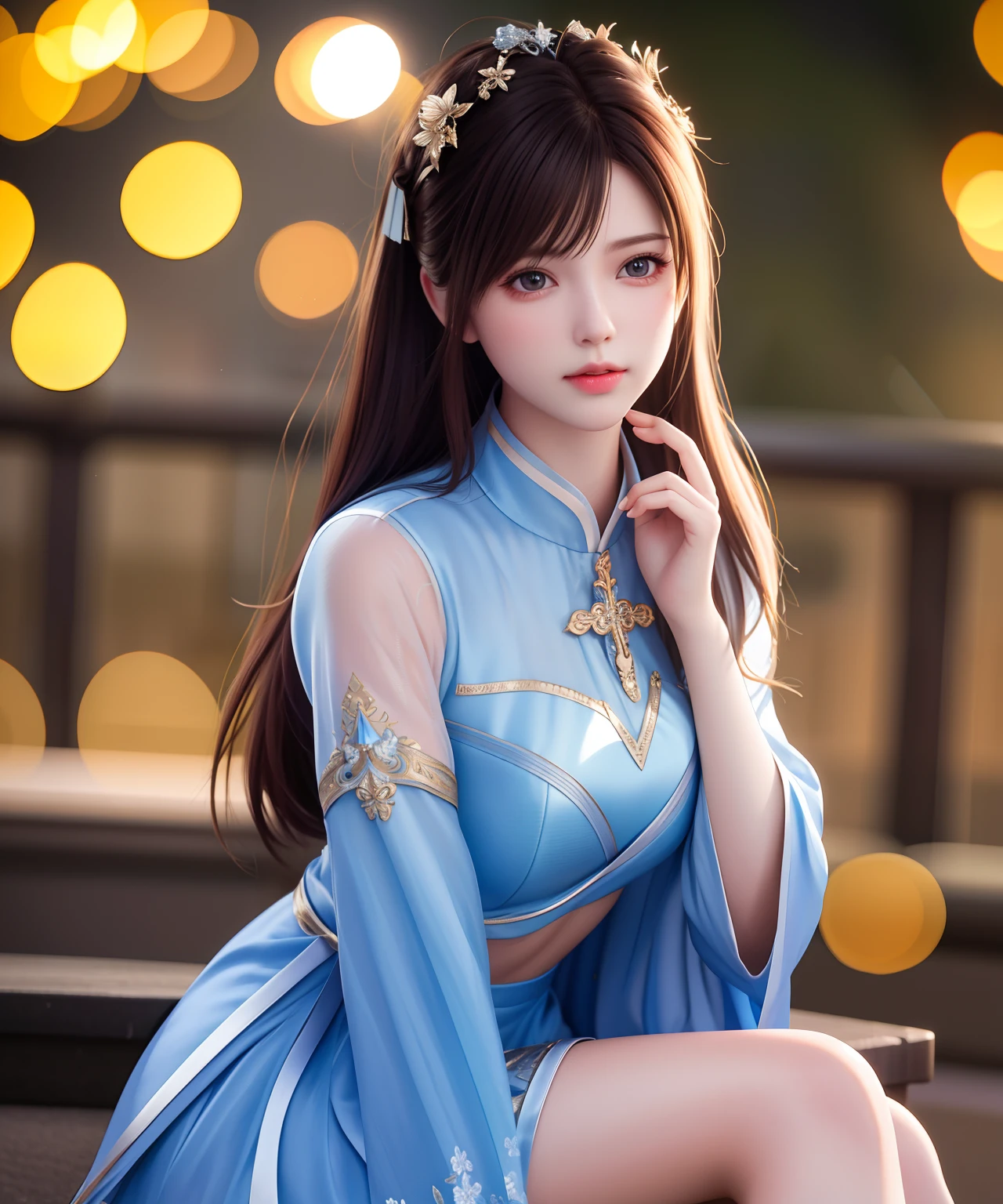 best qualtiy,tmasterpiece,A high resolution,1girl,beautiful face,Physically,dingdall effect,realisticlying,edge lit,twotonelighting,(highdetailskin:1.2),8k uhd, dslr, softlighting, high high quality, volumettic light, Front Shooting, photore, A high resolution, 4k, 8k, Background bokeh,Bare upper body,Cross your legs on your knees,had his hands folded,