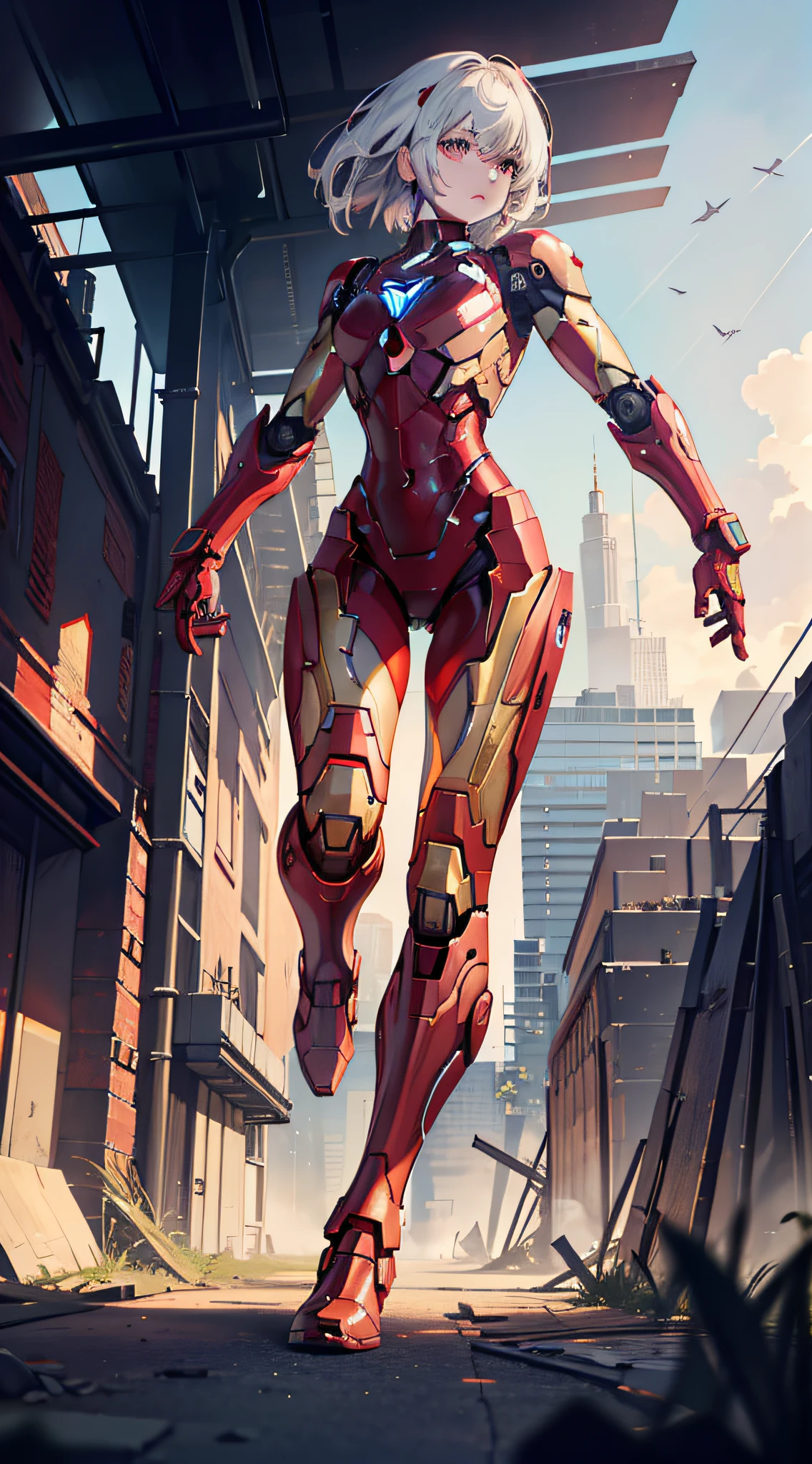 RAW, Masterpiece, Ultra Fine Photo,, Best Quality, Ultra High Resolution, Photorealistic, Sunlight, Full Body Portrait, Stunningly Beautiful,, Dynamic Poses, Delicate Face, Vibrant Eyes, (Side View) , she is wearing a futuristic Iron Man mech, red and gold color scheme, highly detailed abandoned warehouse background, detailed face, detailed and complex busy background, messy, gorgeous, milky white, high detailed skin, realistic skin details, visible pores , sharp focus, volumetric fog, 8k uhd, dslr camera, high quality, film grain, fair skin, photorealism, lomography, sprawling metropolis in futuristic dystopia, view from below, translucent