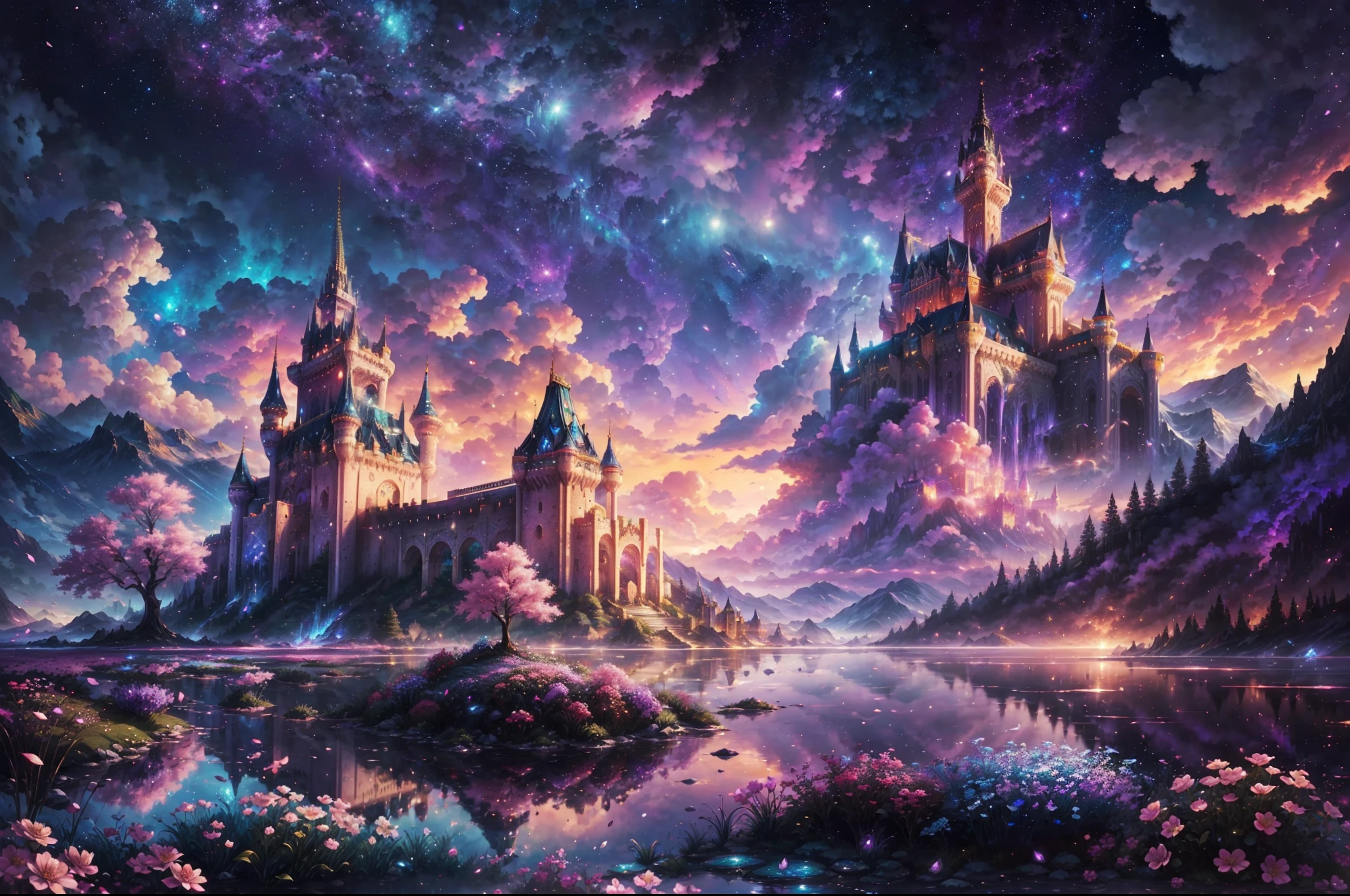 Generate a realistic fantasy landscape with beautiful, ornate romantic buildings, floating islands, crystalline waterfalls streaming from the floating islands, and a dreamy landscape of highly detailed flowers and dreamy watercolors. This is the (((romantic))) realm of the gods. (((The castles look like they are carved from shimmering marble, with distinct and complex details adding to their realism.))) Cotton candy clouds wisp into beautiful glittering stars across the colorful sky, with mesmerizing pink and purple celestial lights creating an enchanting atmosphere. Include many different levels and high visual interest. The environment is large and awe-inspiring, and this is a macro shot. The general ambience is peace, tranquility, and highly detailed sweetness. Include interesting fantasy elements with colors that complement the rest of the landscape. The sky should be very detailed. The landscape should very detailed. All buildings should be ornate with complex and intricate details. Include a luminous and magical atmosphere, magic bubbles, shimmering colors, many small fantasy details including iridescence, expertly created majestic landscapes, and shimmer and glimmer. Include lots of vibrant colors and vaguely surreal details. Camera: Utilize dynamic composition to create interest and excitement. CGI, unreal engine, unity engine, (((masterpiece))), high resolution, 8k, best quality, high quality, highres, 16, RAW, ultra highres, ultra details, finely detail, an extremely delicate and beautiful, extremely detailed, real shadow, anime, highly detailed painted, award-winning glamour painting, wonderful painting, art style, stylized