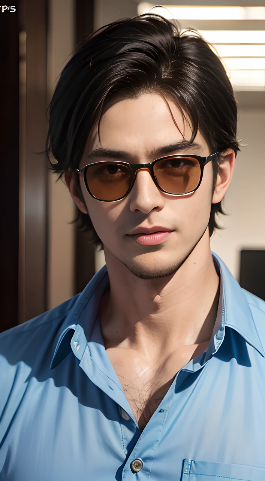 ((Men only)), (head shot), (only face), (Tanned handsome muscular man in his 20s), (wearing blue sunglasses), (wearing dress shirt), (chris redfield), (Show me his abs), (Mischievous smile), (detaile: 1 in 1), Natural muscles, HIG quality, beautidful eyes, (Detailed face and eyes), (Face、: 1 / 2), Noise, Real Photographics、... .................................................................................................................PSD, Sharp Focus, High resolution 8K, realisitic & Professional Photography, 8K UHD, Soft lighting, High quality, Film grain, FujifilmXT3