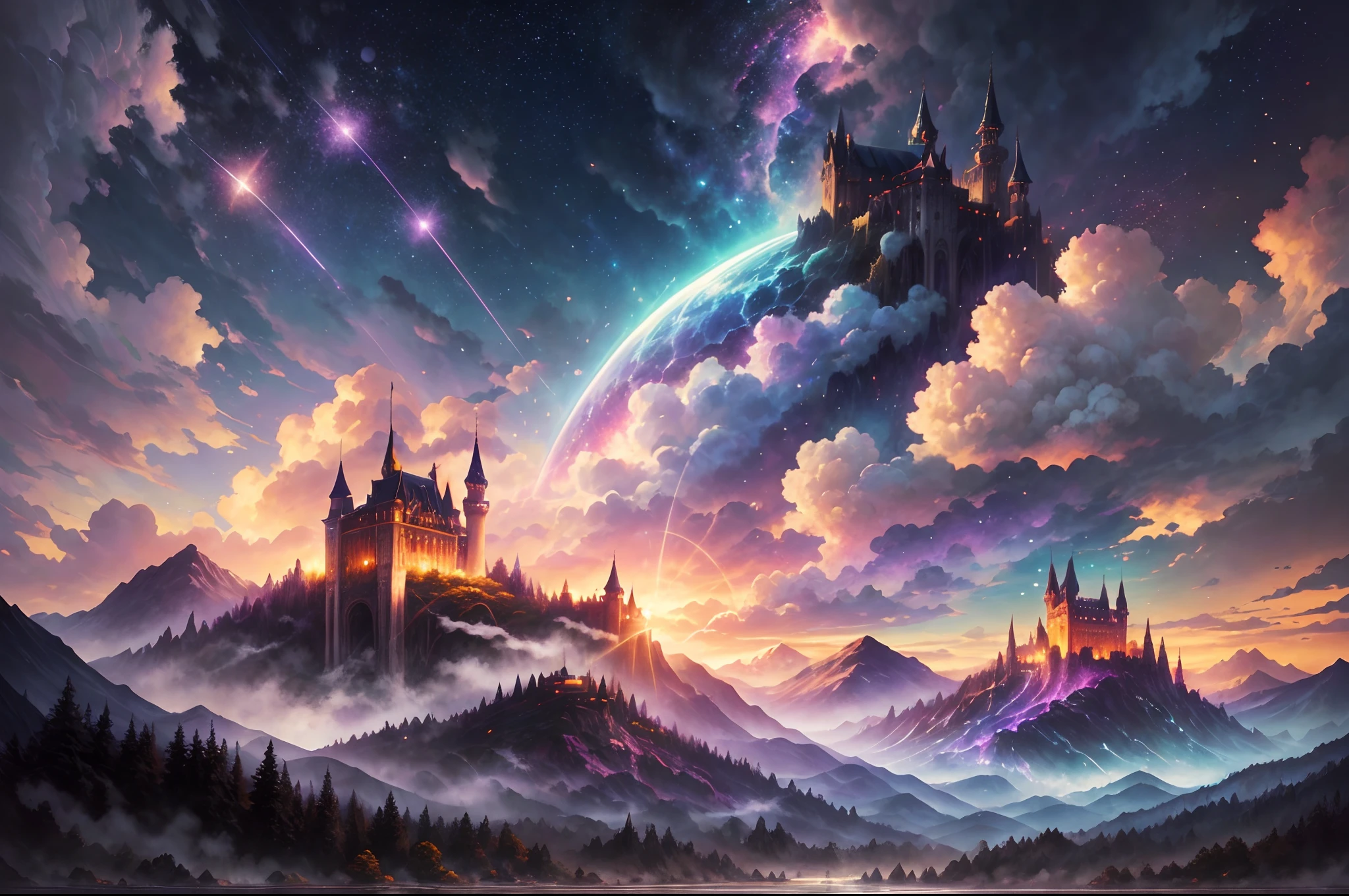 Generate a realistic fantasy landscape with beautiful, ornate romantic buildings, floating islands, crystalline waterfalls streaming from the floating islands, and a dreamy landscape of highly detailed flowers and dreamy watercolors. This is the (((romantic))) realm of the gods. (((The castles look like they are carved from shimmering marble, with distinct and complex details adding to their realism.))) Cotton candy clouds wisp into beautiful glittering stars across the colorful sky, with mesmerizing pink and purple celestial lights creating an enchanting atmosphere. Include many different levels and high visual interest. The environment is large and awe-inspiring, and this is a macro shot. The general ambience is peace, tranquility, and highly detailed sweetness. Include interesting fantasy elements with colors that complement the rest of the landscape. The sky should be very detailed. The landscape should very detailed. All buildings should be ornate with complex and intricate details. Include a luminous and magical atmosphere, magic bubbles, shimmering colors, many small fantasy details including iridescence, expertly created majestic landscapes, and shimmer and glimmer. Include lots of vibrant colors and vaguely surreal details. Camera: Utilize dynamic composition to create interest and excitement. CGI, unreal engine, unity engine, (((masterpiece))), high resolution, 8k, best quality, high quality, highres, 16, RAW, ultra highres, ultra details, finely detail, an extremely delicate and beautiful, extremely detailed, real shadow, anime, highly detailed painted, award-winning glamour painting, wonderful painting, art style, stylized