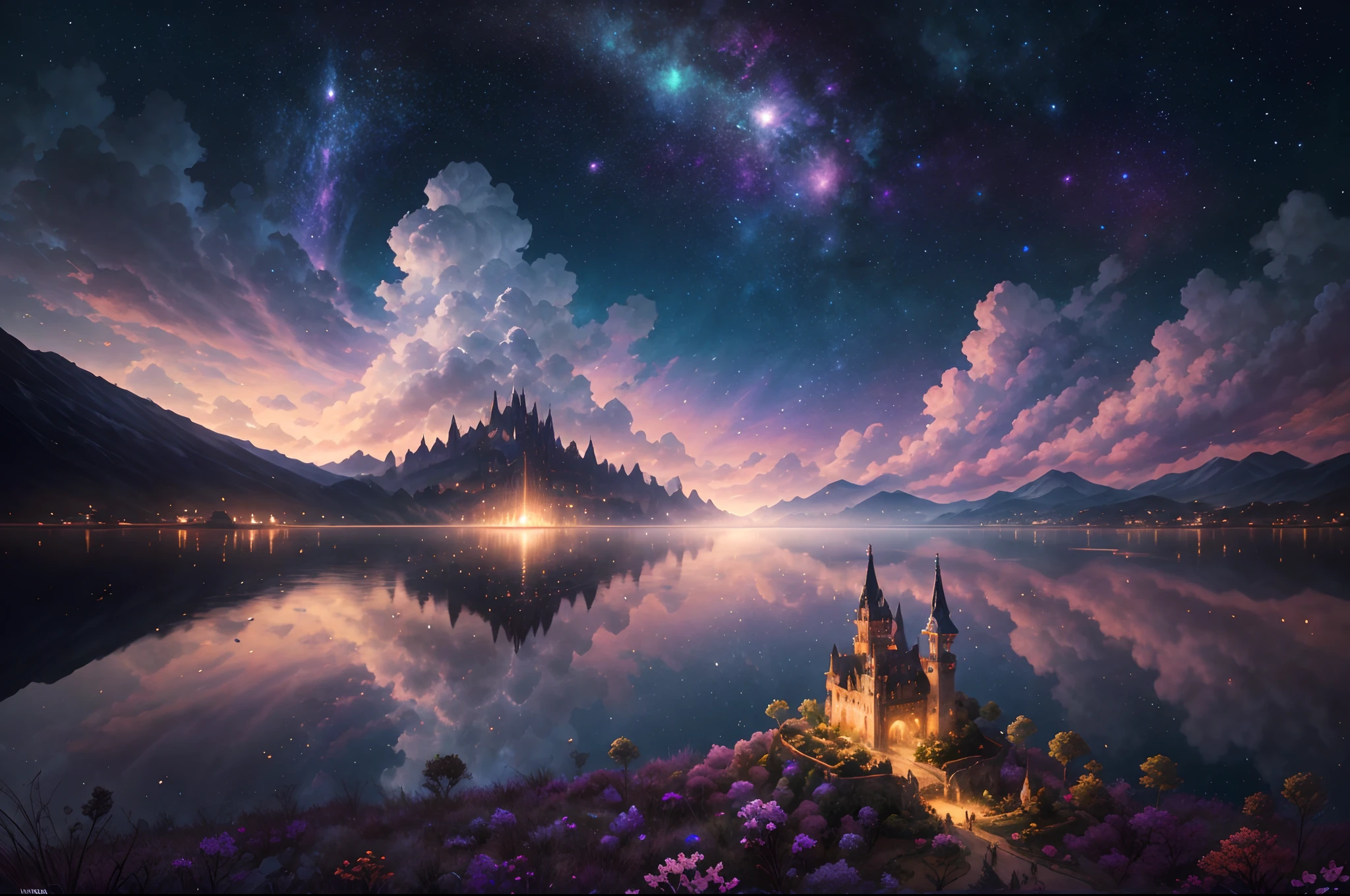 Generate a realistic fantasy landscape with beautiful, ornate romantic buildings, floating islands, crystalline waterfalls streaming from the floating islands, and a dreamy landscape of highly detailed flowers and dreamy watercolors. This is the (((romantic))) realm of the gods. (((The castles look like they are carved from shimmering marble, with distinct and complex details adding to their realism.))) Cotton candy clouds wisp into beautiful glittering stars across the colorful sky, with mesmerizing pink and purple celestial lights creating an enchanting atmosphere. Include many different levels and high visual interest. The environment is large and awe-inspiring, and this is a macro shot. The general ambience is peace, tranquility, and highly detailed sweetness. Include interesting fantasy elements with colors that complement the rest of the landscape. The sky should be very detailed. The landscape should very detailed. All buildings should be ornate with complex and intricate details. Include a luminous and magical atmosphere, magic bubbles, shimmering colors, many small fantasy details including iridescence, expertly created majestic landscapes, and shimmer and glimmer. Include lots of vibrant colors and vaguely surreal details. Camera: Utilize dynamic composition to create interest and excitement. CGI, unreal engine, unity engine, (((masterpiece))), high resolution, 8k, best quality, high quality, highres, 16, RAW, ultra highres, ultra details, finely detail, an extremely delicate and beautiful, extremely detailed, real shadow, anime, highly detailed painted, award-winning glamour painting, wonderful painting, art style, stylized