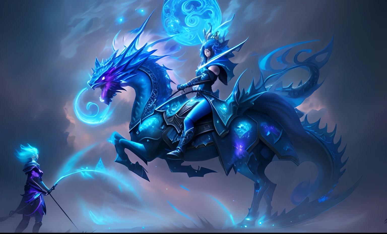 A woman riding a horse with a dragon on it.., epic fantasy art style hd, epic fantasy digital art style, epic fantasy art style, detailed fantasy art, detailed digital 2d fantasy art, detailed fantasy digital art, dragon inspired blue armor, cyan chinese dragon fantasy, beautiful celestial mage, High-quality fantasy art, Hearthstone Fantasy Art Style, fantasy art style