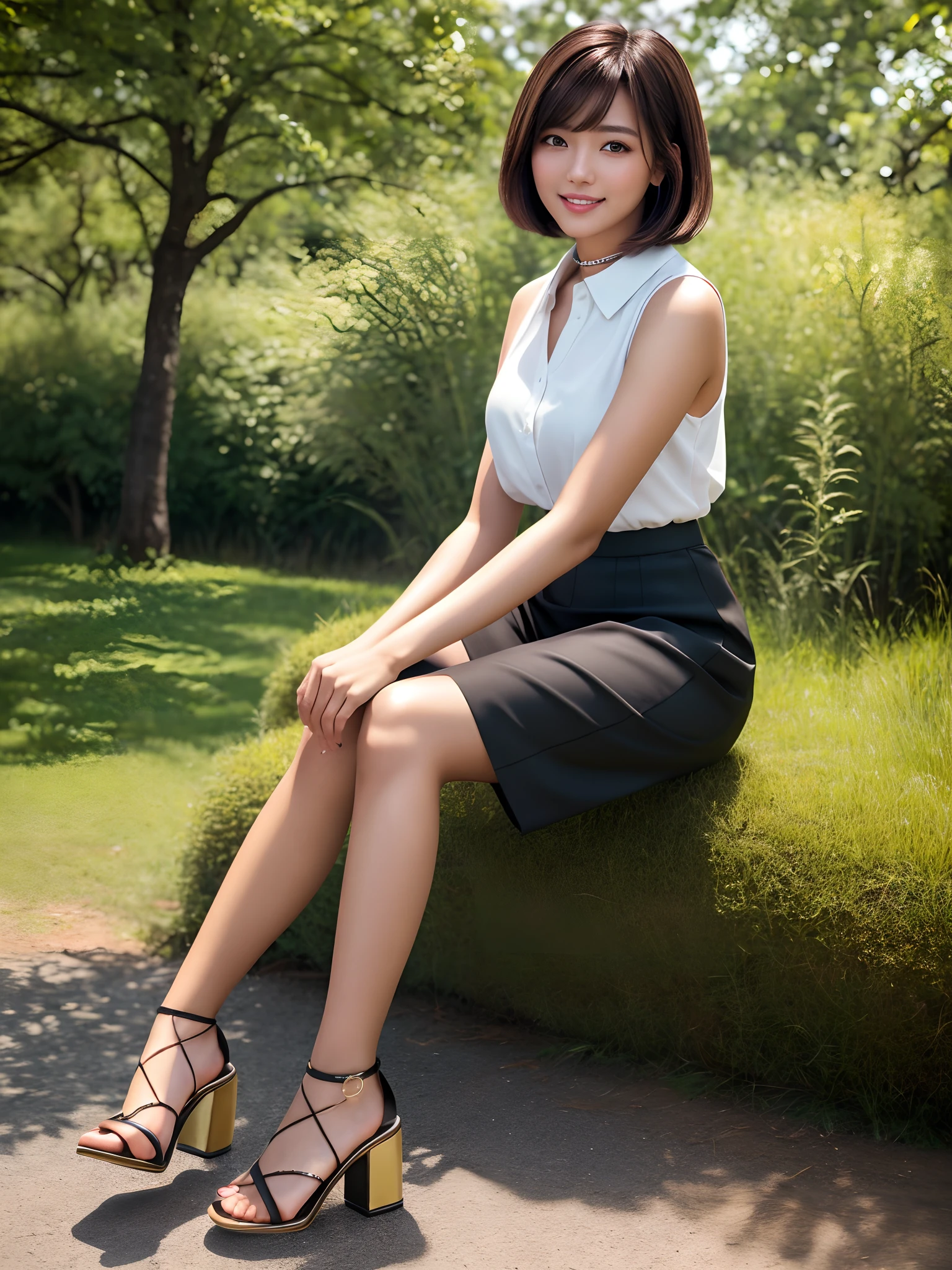 product quality, 1girl, full body shot, front view, a Japanese young pretty girl, bob hair, sitting on a grasses in a crowded park with a big smile, glamorous figure, busty, wearing a sleeveless white blouse with a collar, wearing black culottes skirt, wearing high heels sandals, hyper cute face, glossy lips, double eyelids in both eyes, natural makeup, long eyelashes, shiny smooth light brown hair of bob hair, asymmetrical bangs, tanned skin, central image, high resolution, high detail, detailed hairstyle, detailed face, cinematic lighting, octane rendering, vibrant, hyper realistic, perfect limbs, perfect anatomy