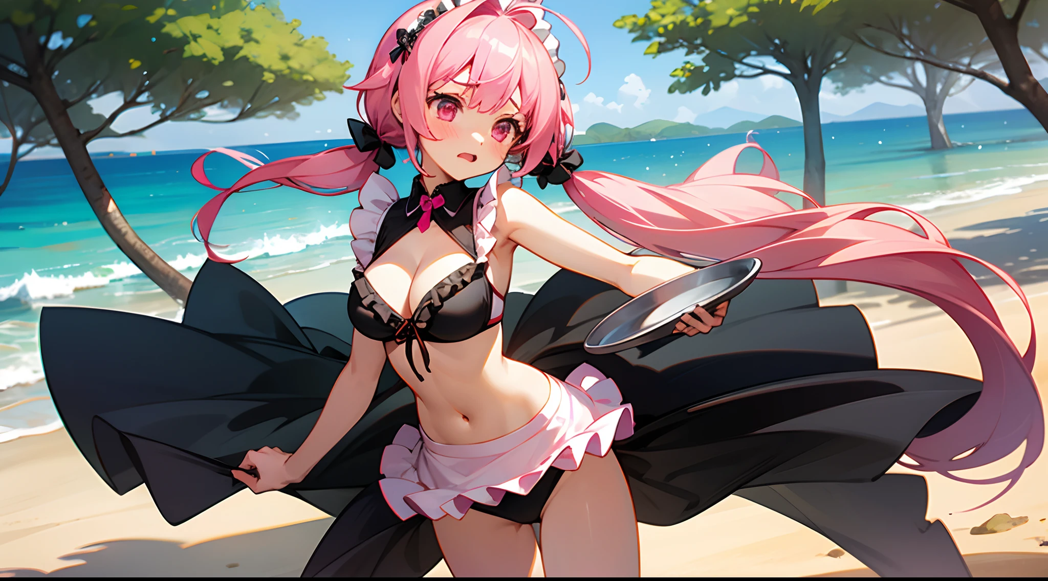 1 girl, game CG, sleeveless frilled black string bikini, cleavage visible, navel visible, maid's hair accessory, maid's small apron, gigantic breasts, pink hair, long hair, low twintails, princess hairstyle, ahoge, pink eyes, ocean, sandy beach, trees, cafes, trays, embarrassed,