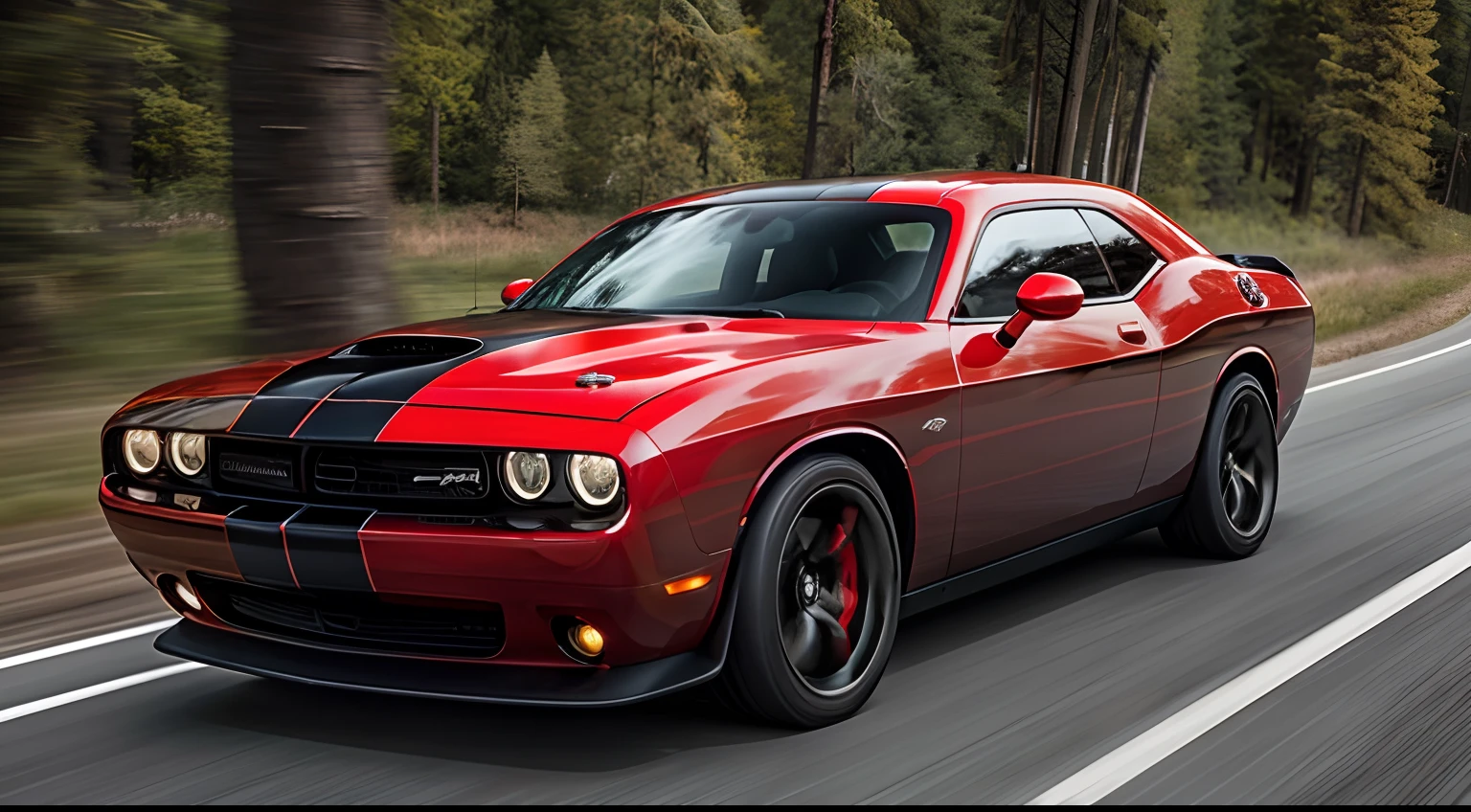 Dodge Challenger SRT colour red with two black stripes in highway, Forest landscape, day ((4k realistic))