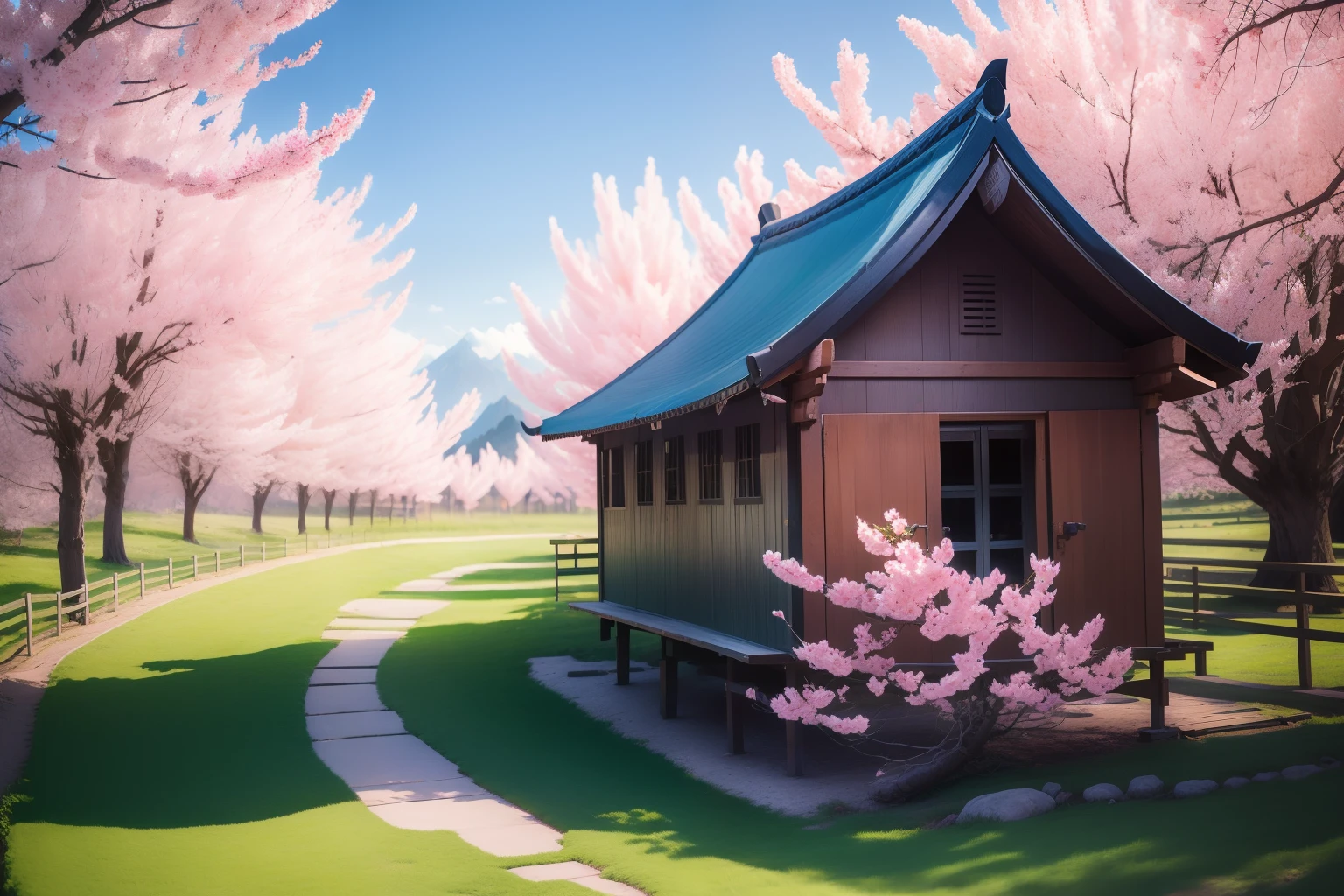 Cinematic lighting，In the background are patches of peach blossom trees, wood bridges，Several small huts scattered，grassy fields；