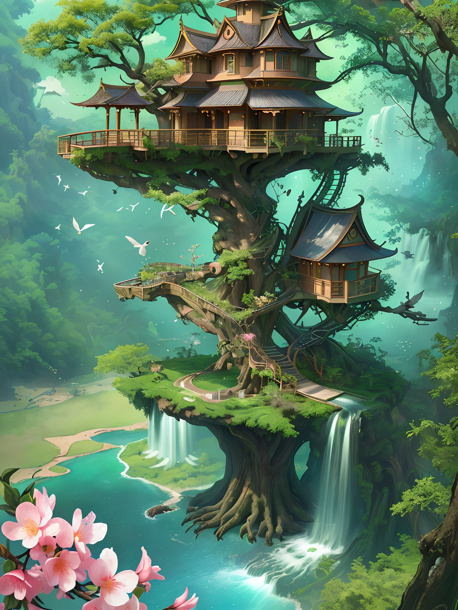 Cinematic lighting，Peach blossom tree, wood bridges,tree house,lawns，bird's eyes view，colorful vegetation，Sci-fi futuristic architecture，waterfallr，Many ships，Matte painting by James Gurney，Trends on CGSociety，Supersaturation，Super sharp、hyper realisitc，