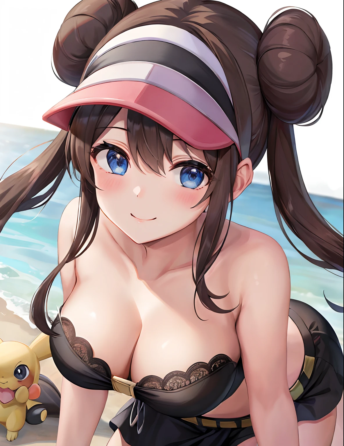 (masterpiece:1.3), (absurdres:1.3), (best quality:1.3), (ultra-detailed:1.3),(best shadow:0.7), (handled hair), perfect anatomy, 1girl, solo, rosa(pokemon), double bun, visor cap, hair bun, long_twintails, brown hair, blue eyes, hair between eyes, large breasts, sightly smile, beltbra, strapless, belt, all fours, pov, from above
