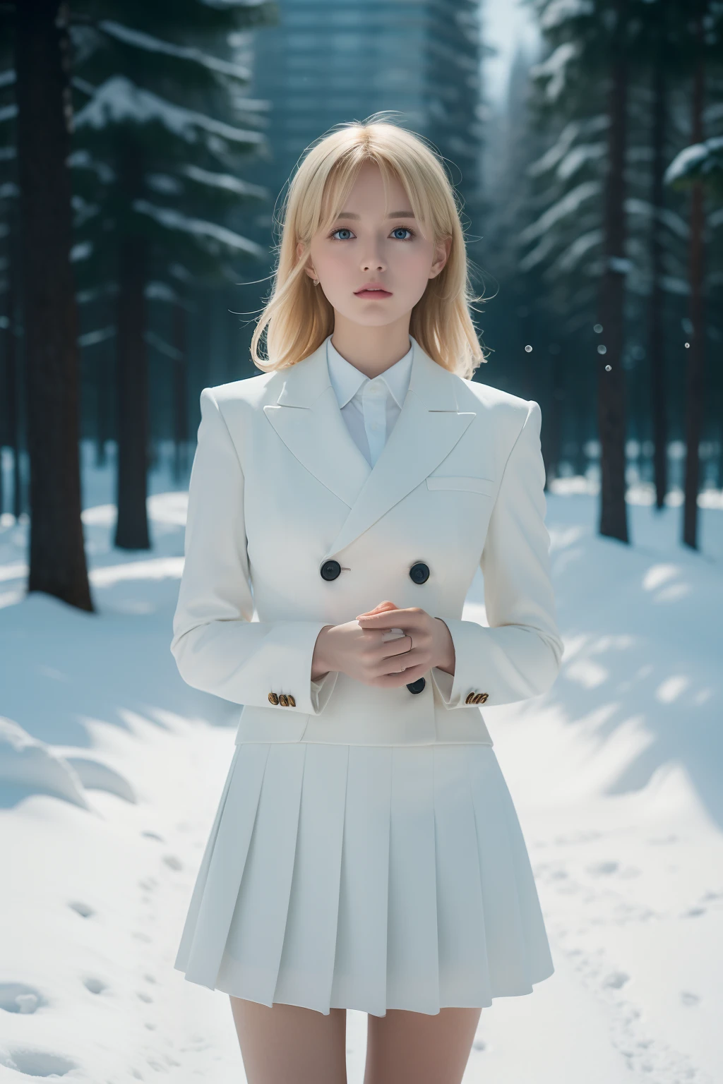 ((Masterpiece:1.2, Best quality)),Movie,offcial art,promotional art,movie wallpapers,(A blonde girl is in ), (White suit dress,Double-breasted style,Pleated skirt hem),Uniform cover, Exposing thighs,185cm. Shot in the snow in cinematic style, The color temperature is cool,Slightly bluish tint, Convey a feeling of indifference and tension. The lighting is dramatic,There are harsh shadows and highlights, . Shot with a Sony A7R IV camera,The aperture is f/2.8, ISO 1600, a shutter speed of 1/200th of a second. UHD dtm HDR 8k.