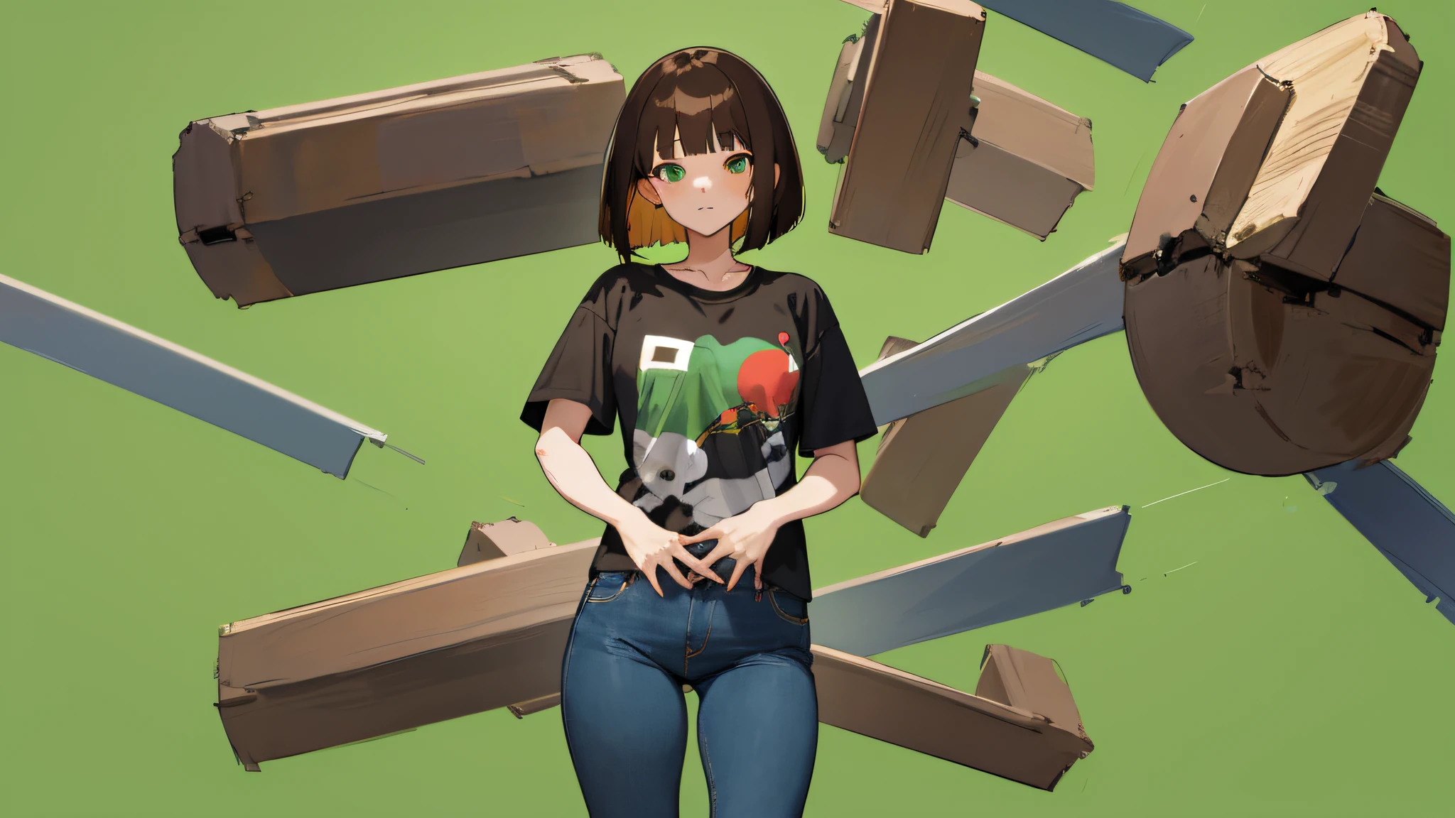 masterpiece, best quality, T-shirt and jeans, anime vtuber full body model, full body single character, anime visuals of cute girls, green background, brown hair, bob cut