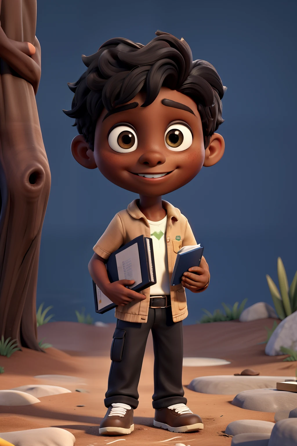 close-up de um menino negra:3 em...............3d, coffee-colored skin:2, with a book in your hands, Chibi Digita | | | | | ,obra-prima, de melhor qualidade, um idoso, vestindo um casaco preto , cabelos cacheados, Standing in the park, segurando um livro e apontando para ele