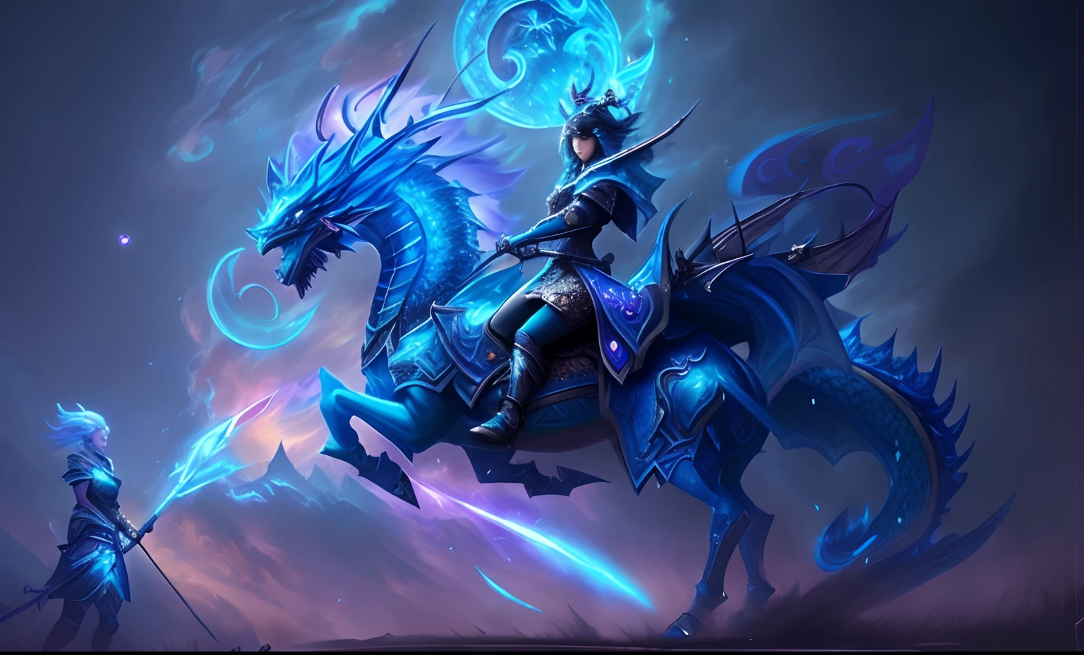 A woman riding a horse with a dragon on it.., epic fantasy art style hd, epic fantasy digital art style, epic fantasy art style, detailed fantasy art, detailed digital 2d fantasy art, detailed fantasy digital art, dragon inspired blue armor, cyan chinese dragon fantasy, beautiful celestial mage, High-quality fantasy art, Hearthstone Fantasy Art Style, fantasy art style