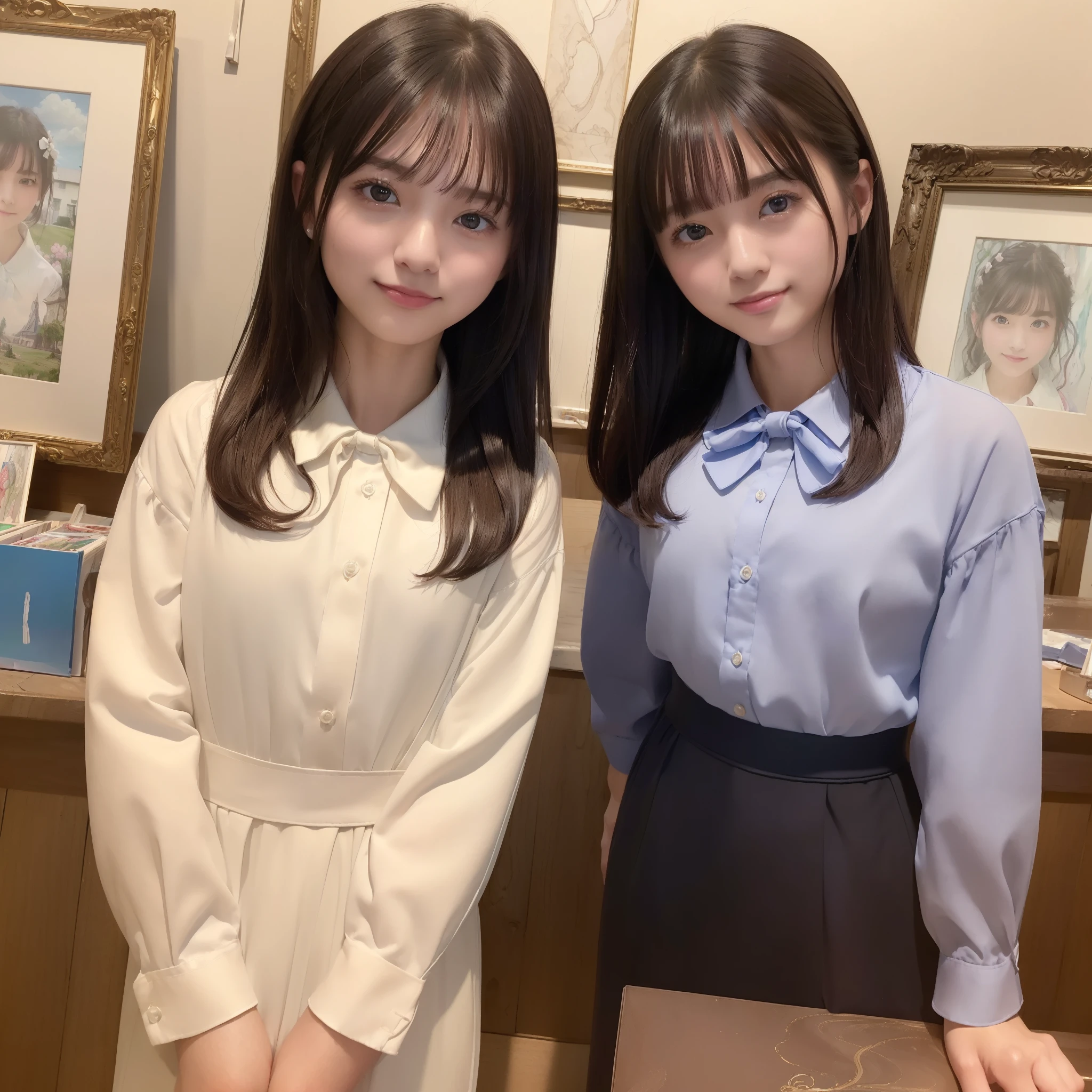 (8K、top-quality、​masterpiece:1.2)、(realisitic、Photorealsitic:1.37)、ultra-detailliert、1womanl、 20yr old、独奏、((Beautiful ribbons))、(((A dark-haired)))、(a smile:1.15)、beautiful finely detailed eyes、(shirt with collar:1.1)、business clothes、(short-hair:1.2)、 (((Art Room)))、 picture frame