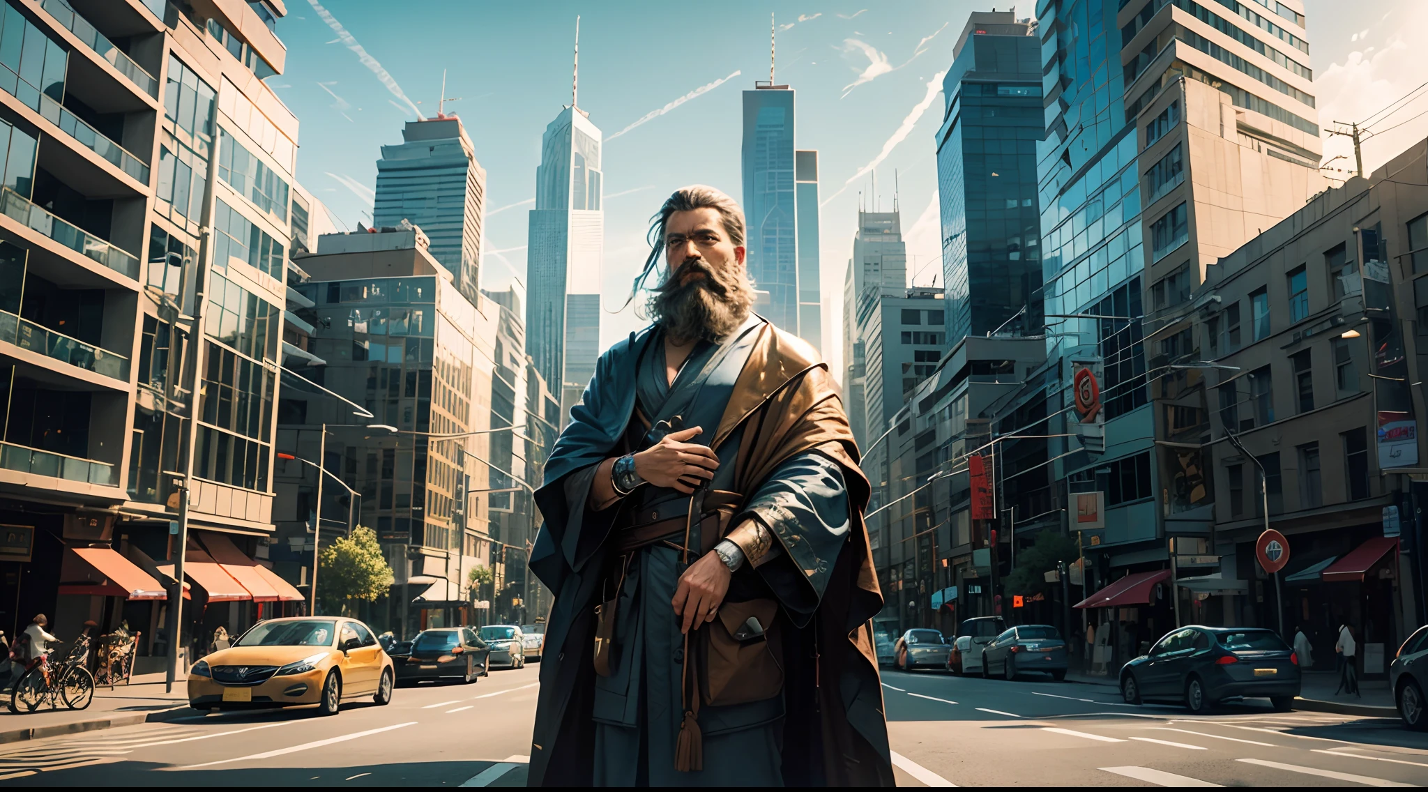 "A marble sculpture of a Greek philosopher, with modern buildings in the background. The philosopher is dressed in a robe and has a beard. He is looking into the distance, with a thoughtful expression on his face. The background is a modern city, with skyscrapers. skies and cars. The sun is setting over the horizon, and the sky is full of color." --auto