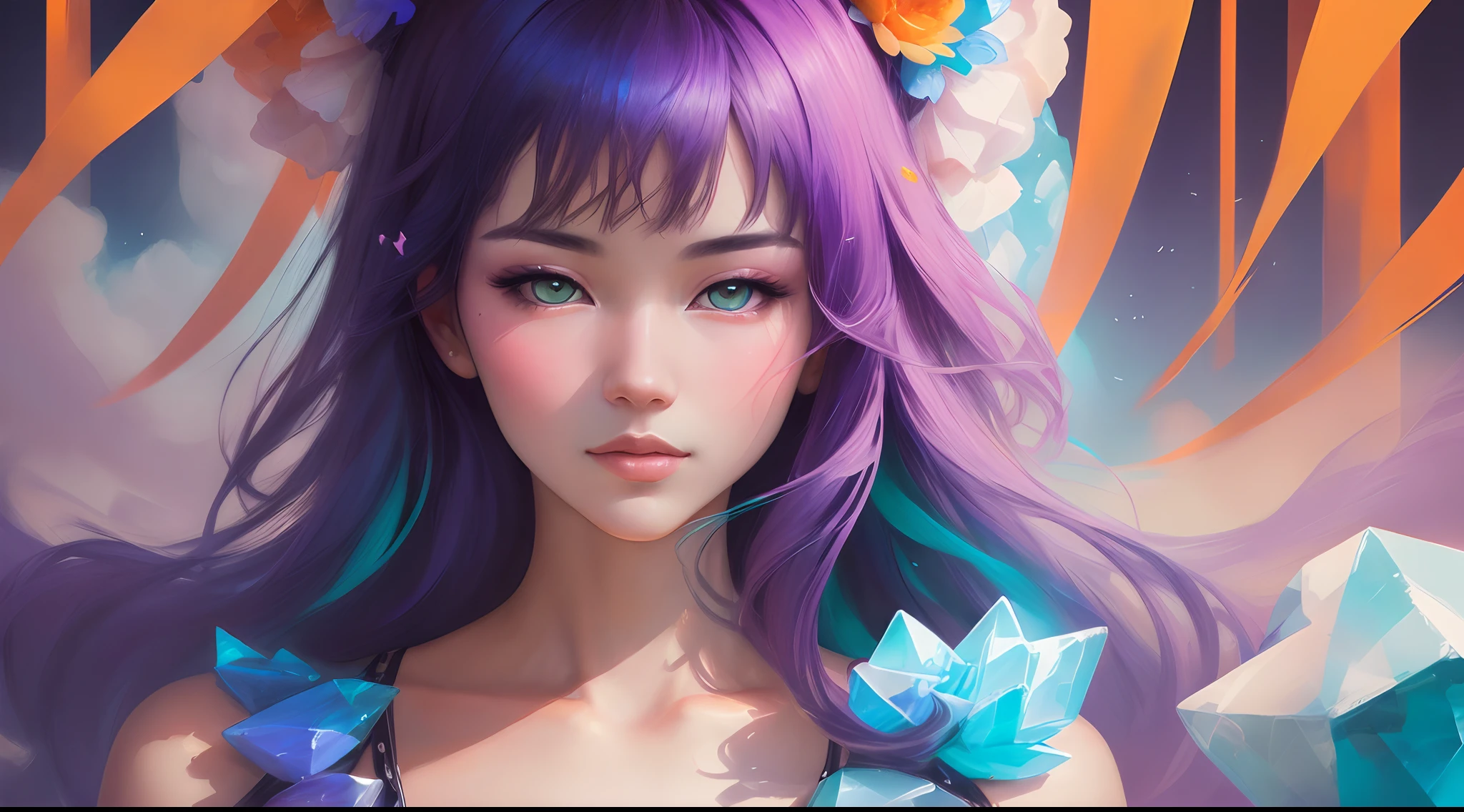_james jean, floating female figure made of ribbons, smoke, in the sky, colorful and vibrant, mystical colors, contemporary impressionism, yanjun cheng portrait painting, iridescent painting, 3/4 perspective view, cute face, low angle, sweeping circling composition, large beautiful crystal eyes, big irises, UHD, HDR, 8K, (Masterpiece:1. 5), (the most beautiful portrait in the world:1.5)