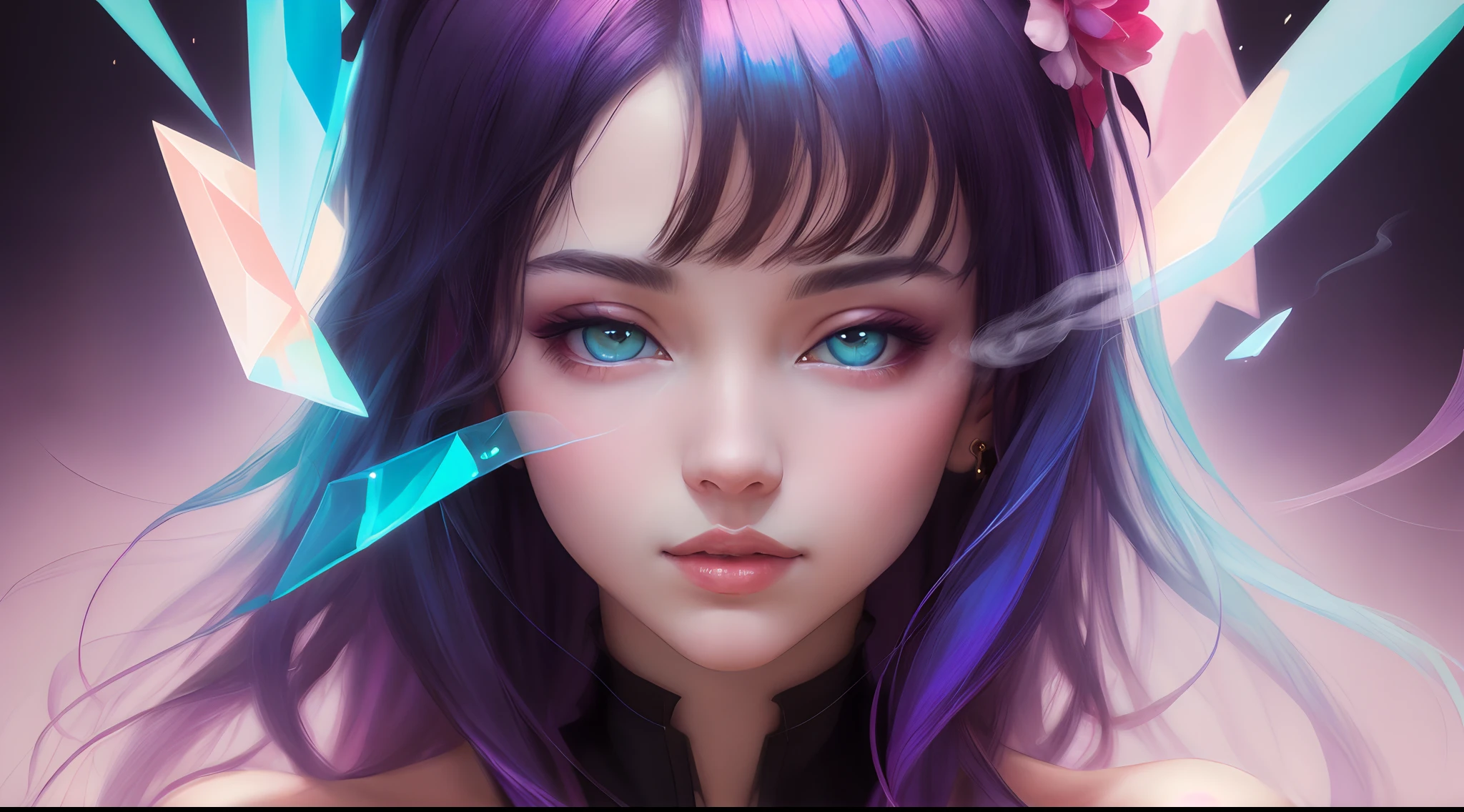_james jean, floating female figure made of ribbons, smoke, in the sky, colorful and vibrant, mystical colors, contemporary impressionism, yanjun cheng portrait painting, iridescent painting, 3/4 perspective view, cute face, low angle, sweeping circling composition, large beautiful crystal eyes, big irises, UHD, HDR, 8K, (Masterpiece:1. 5), (the most beautiful portrait in the world:1.5)