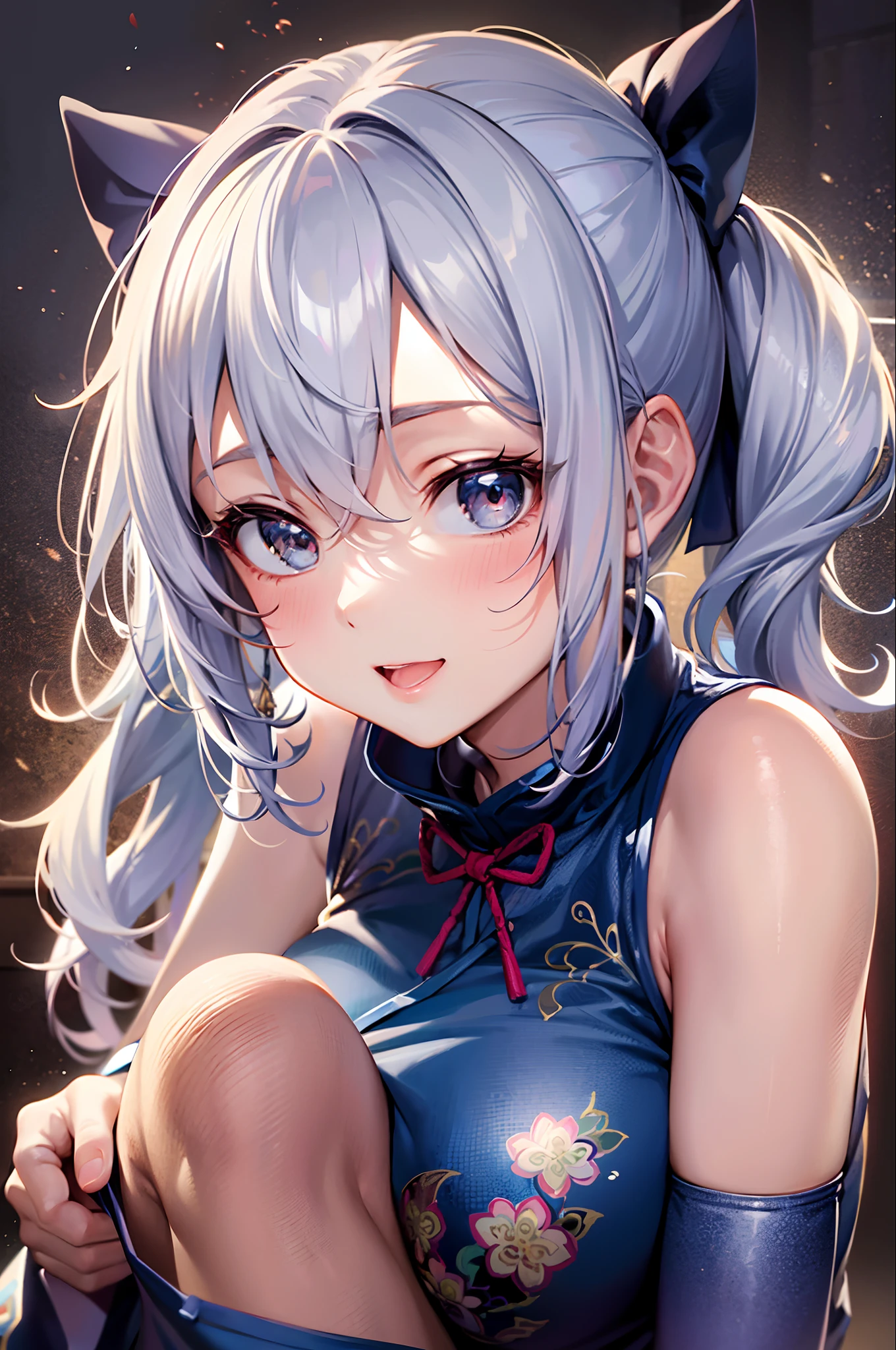 top-quality、超A high resolution、 1 人、((Blue Sleeveless Mini Cheongsam))、cute little、(Kpop Idle)、(Charming Monkey:1)、(Platinum Blonde Hair:1)、((Puffy eyes))、Looking for the observer side、full body Esbian、facing the front there、(thighs thighs thighs thighs)、ssmile、double ponytails、