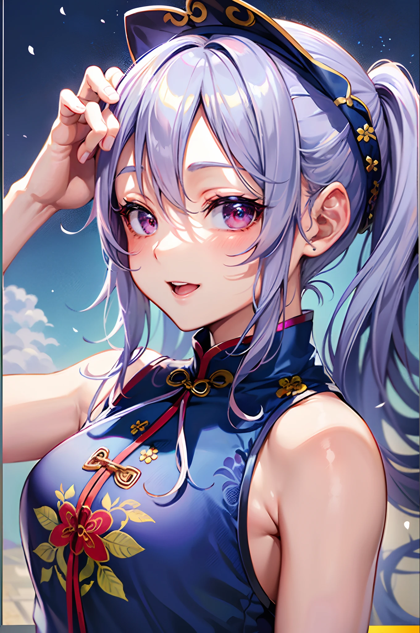 top-quality、超A high resolution、 1 人、((Blue Sleeveless Mini Cheongsam))、cute little、(Kpop Idle)、(Charming Monkey:1)、(Platinum Blonde Hair:1)、((Puffy eyes))、Looking for the observer side、full body Esbian、facing the front there、(thighs thighs thighs thighs)、ssmile、double ponytails、