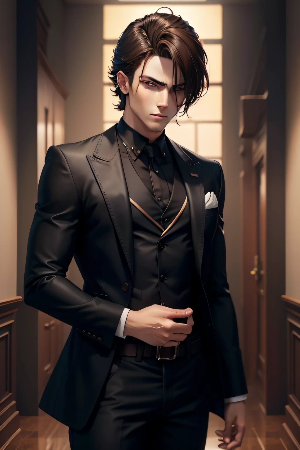 brunette male anime character in mafia style outfit, 8k, with 2 different lights