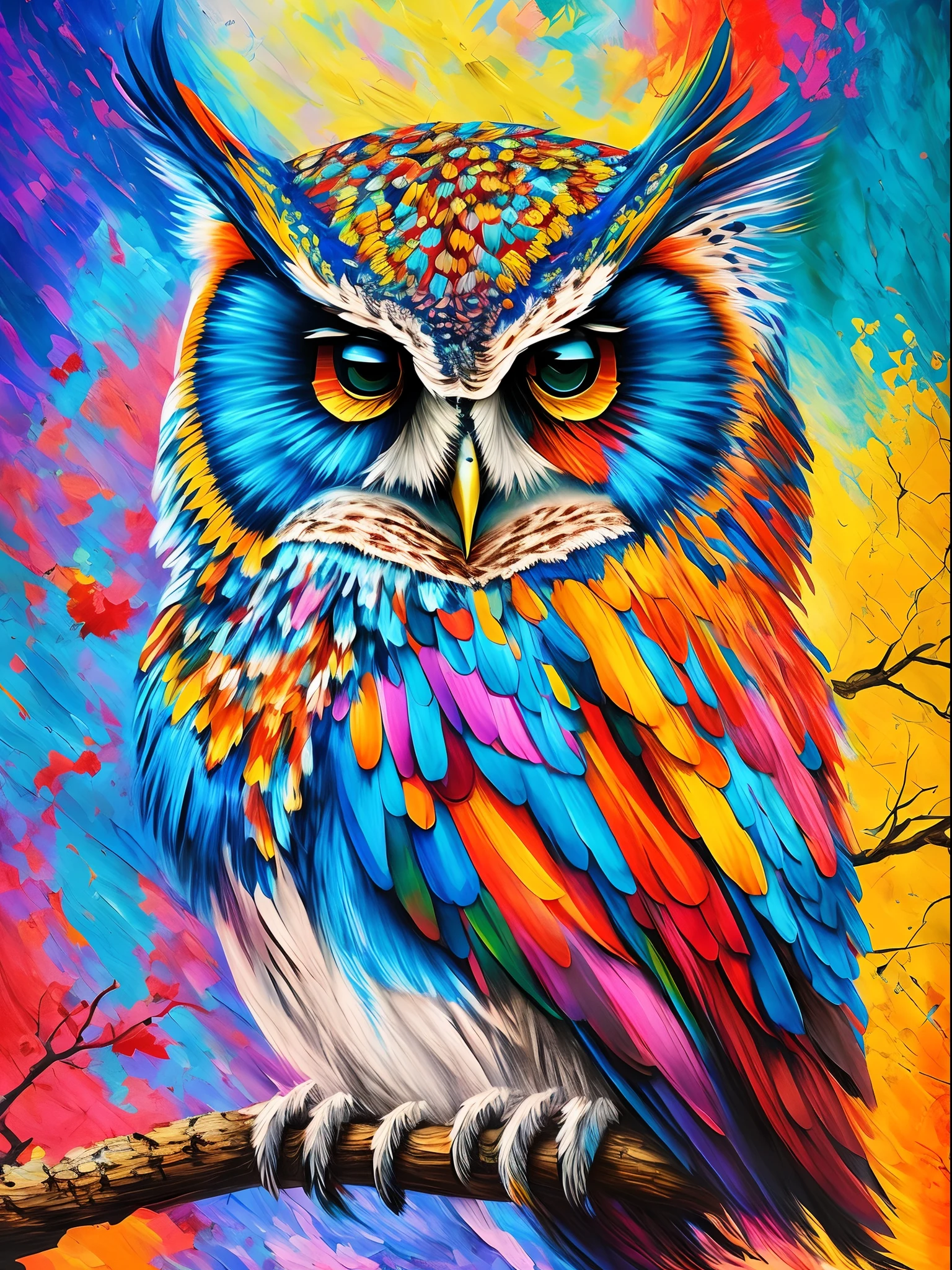 Brightly colored owl sitting on a branch with bits of paint, Arte de Alessandro Pautasso, lleno de colores y ricos detalles, Radiant owl, colores brillantes muy detallados, Hermoso arte UHD 4 K, Colores de alto detalle, pintado en acuarelas brillantes, lleno de colores, Pintura detallada 4 K, colorido hiperdetallado, extremadamente colorido, Ilustraciones coloridas, Pintura colorida