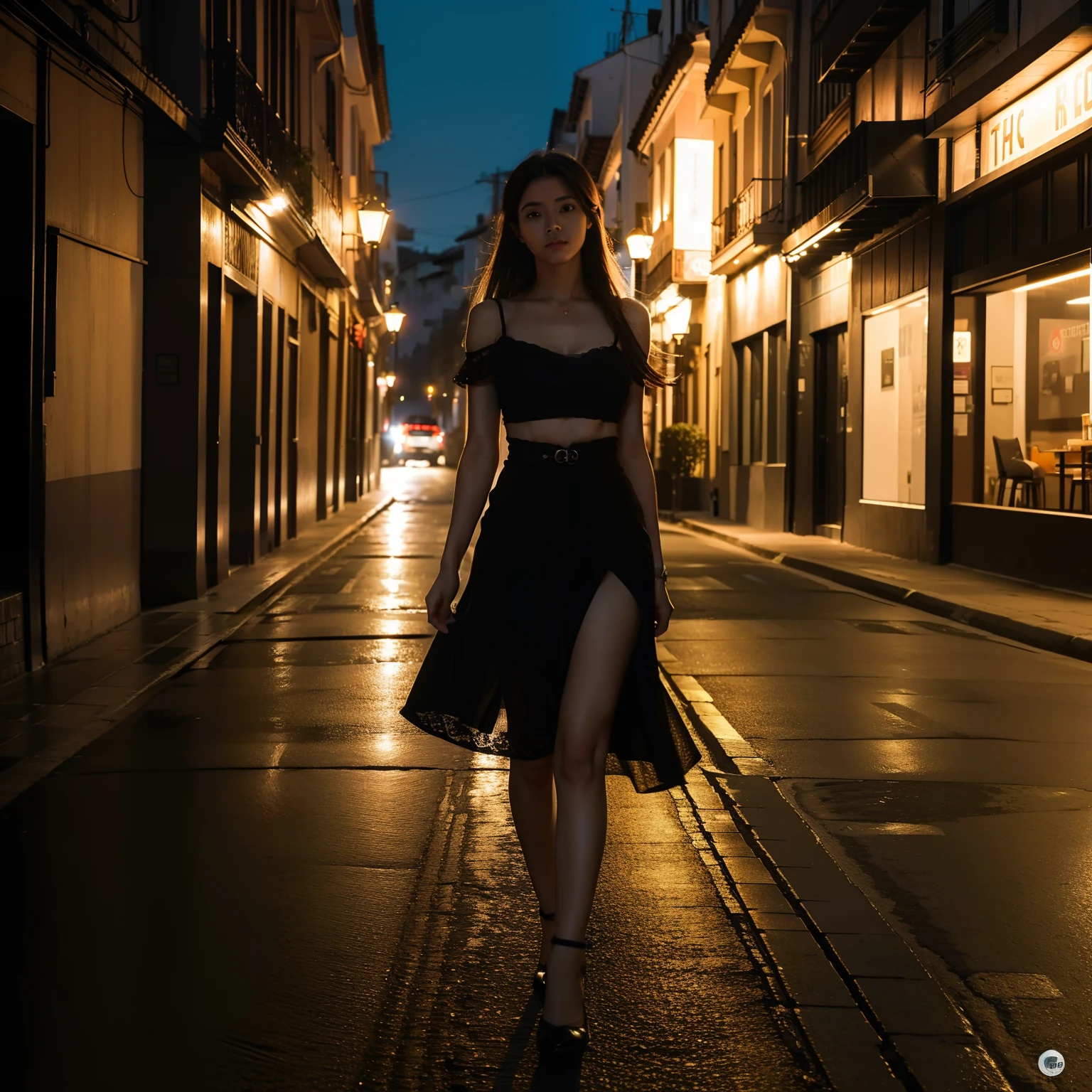 Sexy Girl Full Body 22 Year, rubia tostada vestida con top blanco, minifalda negra y botines negros, caminando por una calle solitaria a la media noche, gran angular, octanaje render, detalles intricados, volumetric illumination, efecto de vidrio roto, imagen en 3D, resolucion 32K. Estilo: Photographic 50mm lens, apertura F 2.5