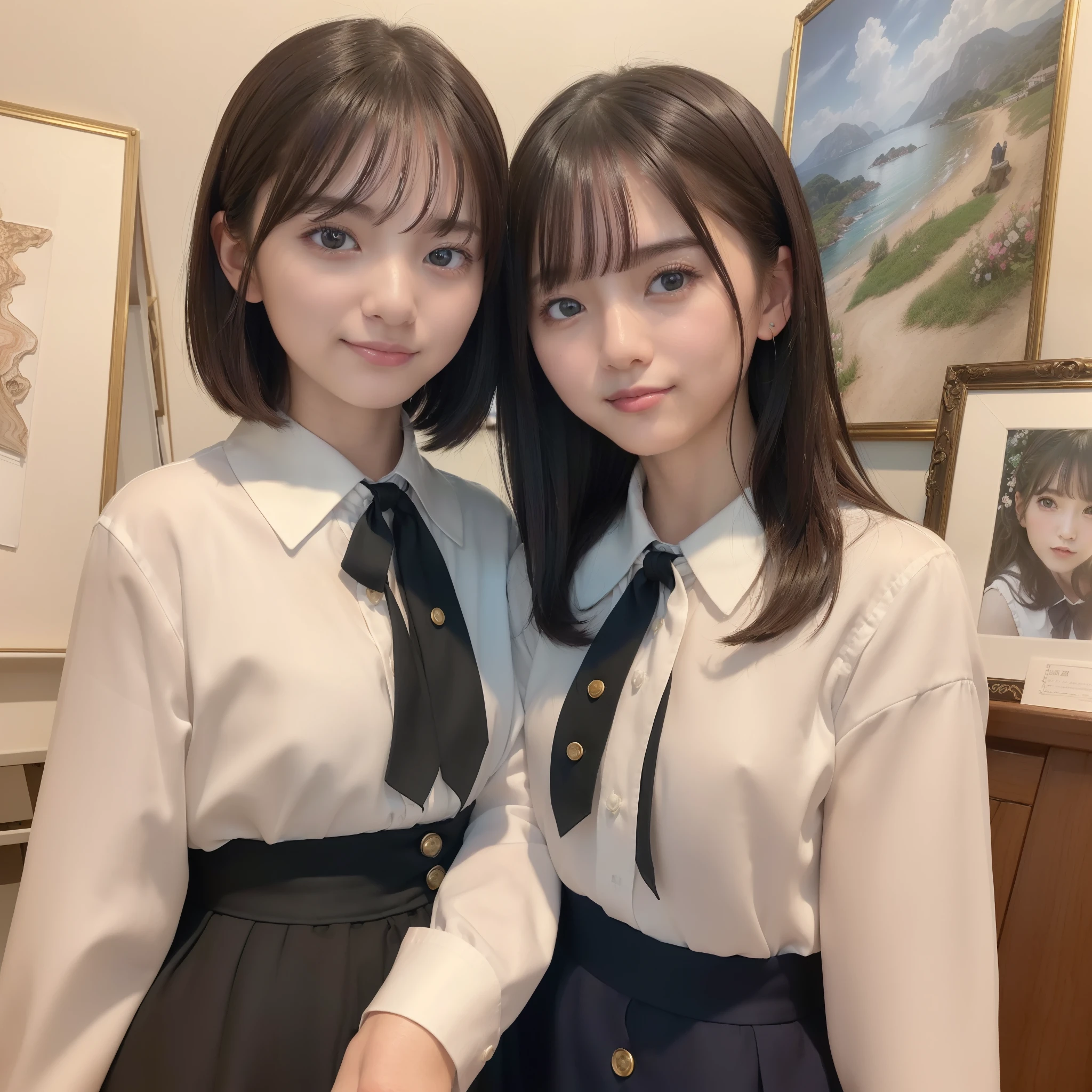 (8K、top-quality、masterpiece:1.2)、(realisitic、Photorealsitic:1.37)、ultra-detailliert、1womanl、 20yr old、独奏、((Beautiful ribbons))、(((A dark-haired)))、(a smile:1.15)、beautiful finely detailed eyes、(shirt with collar:1.1)、business clothes、(short-hair:1.2)、 (((Art Room)))、 picture frame