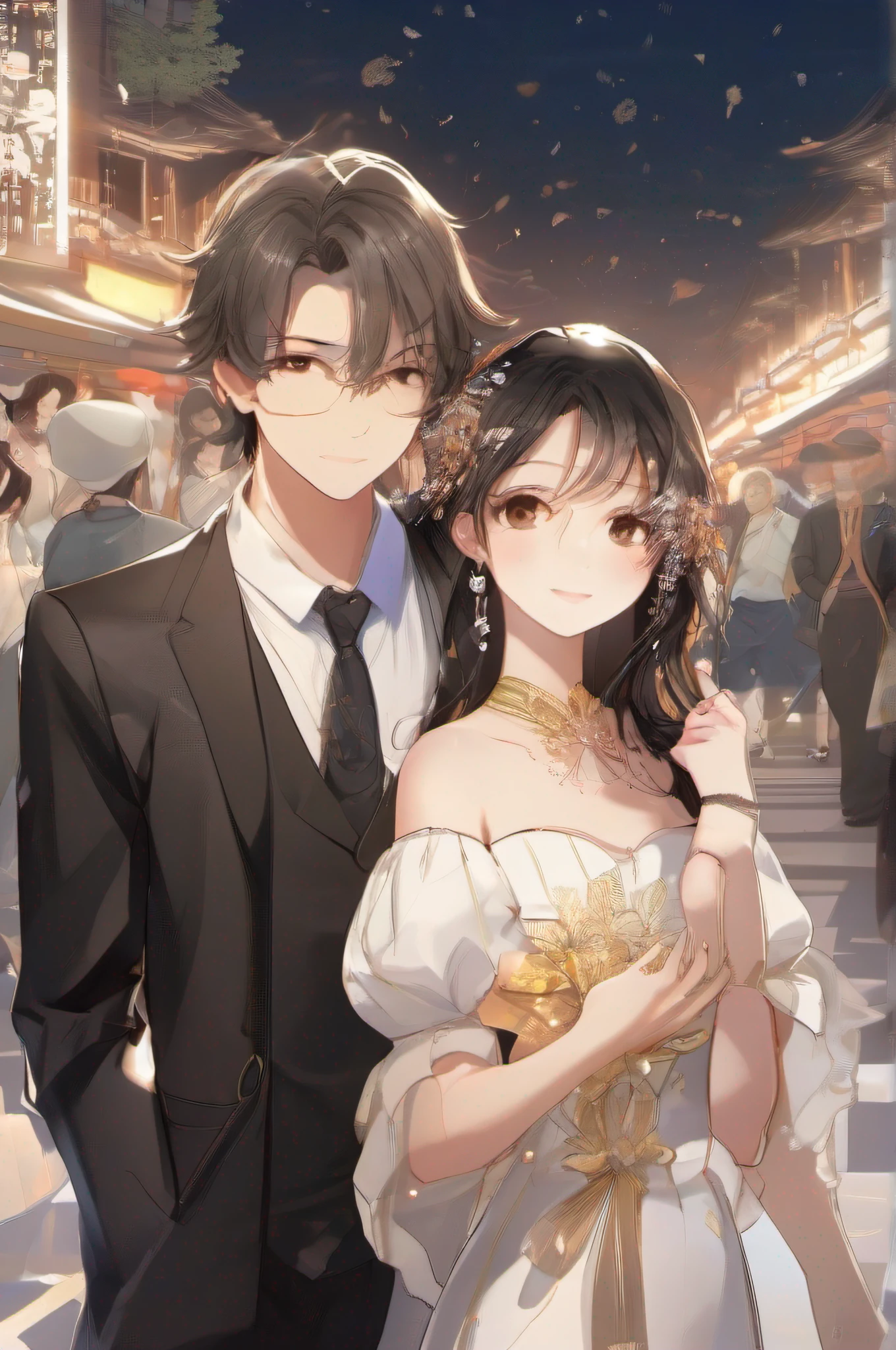 ((illustratio))　（hight resolution）　（ultra wide lens）　Crisp and clean　Delicate face line　Authentic skin texture　（Fireworks Festival）　（natta）　（beautiful countenance）　A slight smil　Man and woman walking hand in hand　（Right face）　Correct placement　Correct fingers　the golden ratio