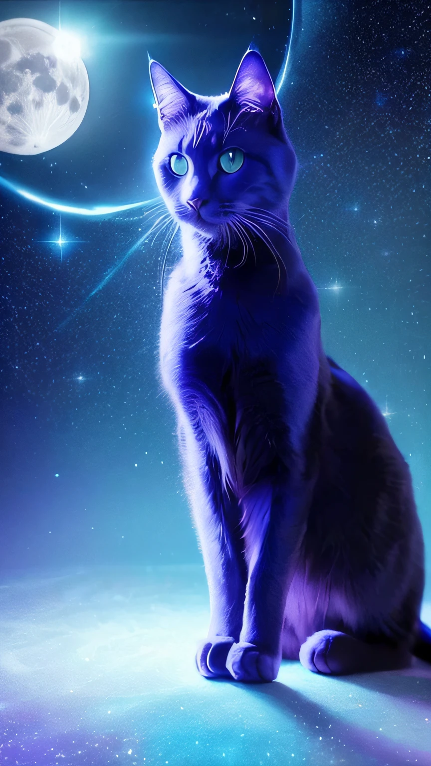 theme: cat
Main: Deep
Secondary Color: Silver
Background Color: Deep blue
style: Elegant fantasy style
Shape: Fantastic effects and stardust、Cat silhouette
texture: Glowing textures and fantastic glow effects for cat fur
Line description: Incorporate graceful, flowing lines and sparkling effects
Shape description: Cat silhouettes layered with opaque elements、Incorporate the shape of the stars and moon