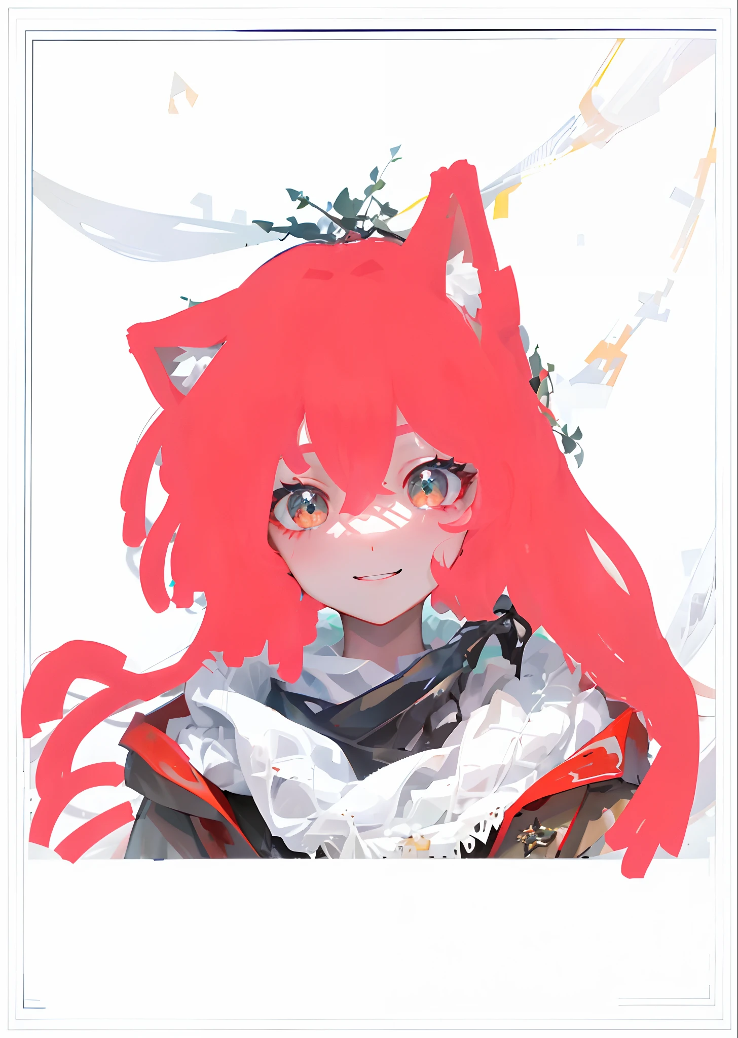 an Quority（（（Red long-haired））），（（（red color eyes））），（（（The top of the head has red wolf ears）））of maidens，looking at viewert，Smile dangerously