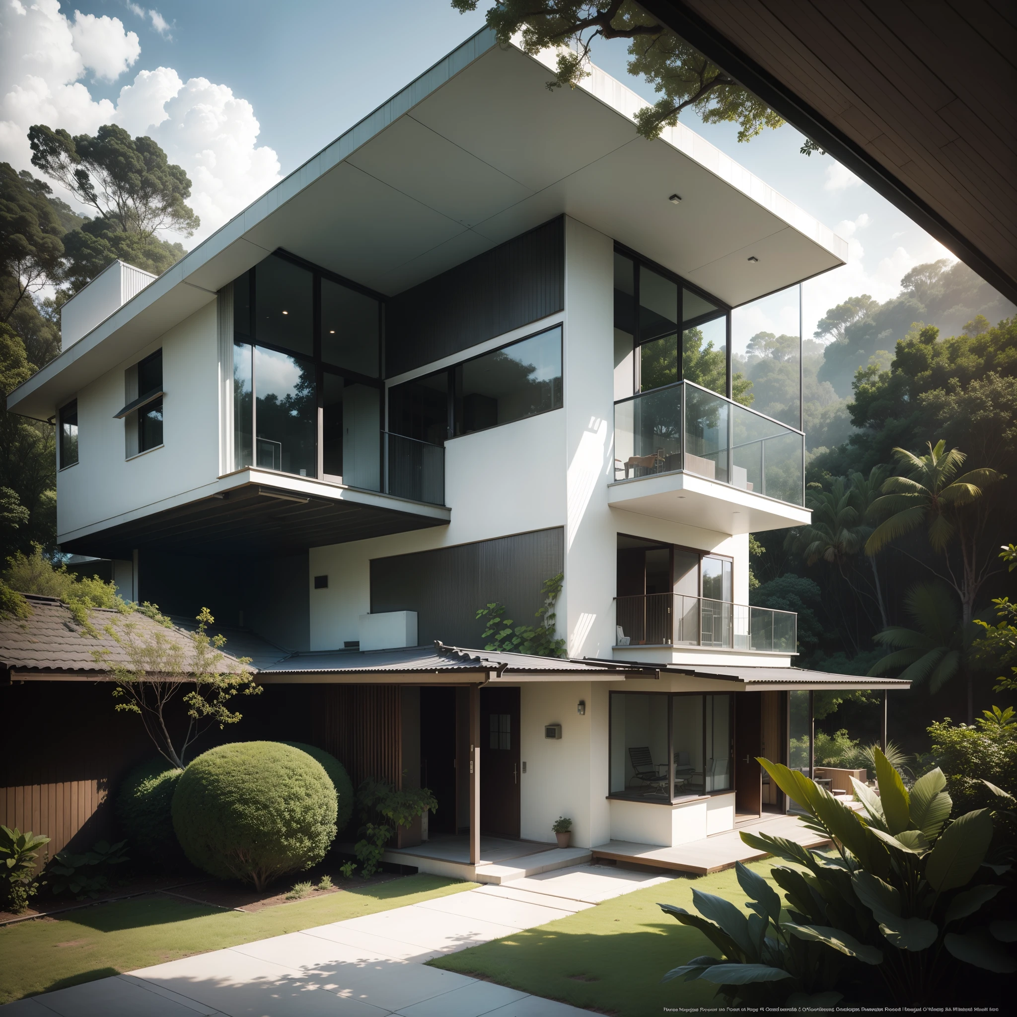 Hyper realistic eye level exterior photo of a futuristic style house overlooking the jungle, daylight, indirect lighting, AD magazine, Frank Lloyd, Eames, Mies van der Rohe